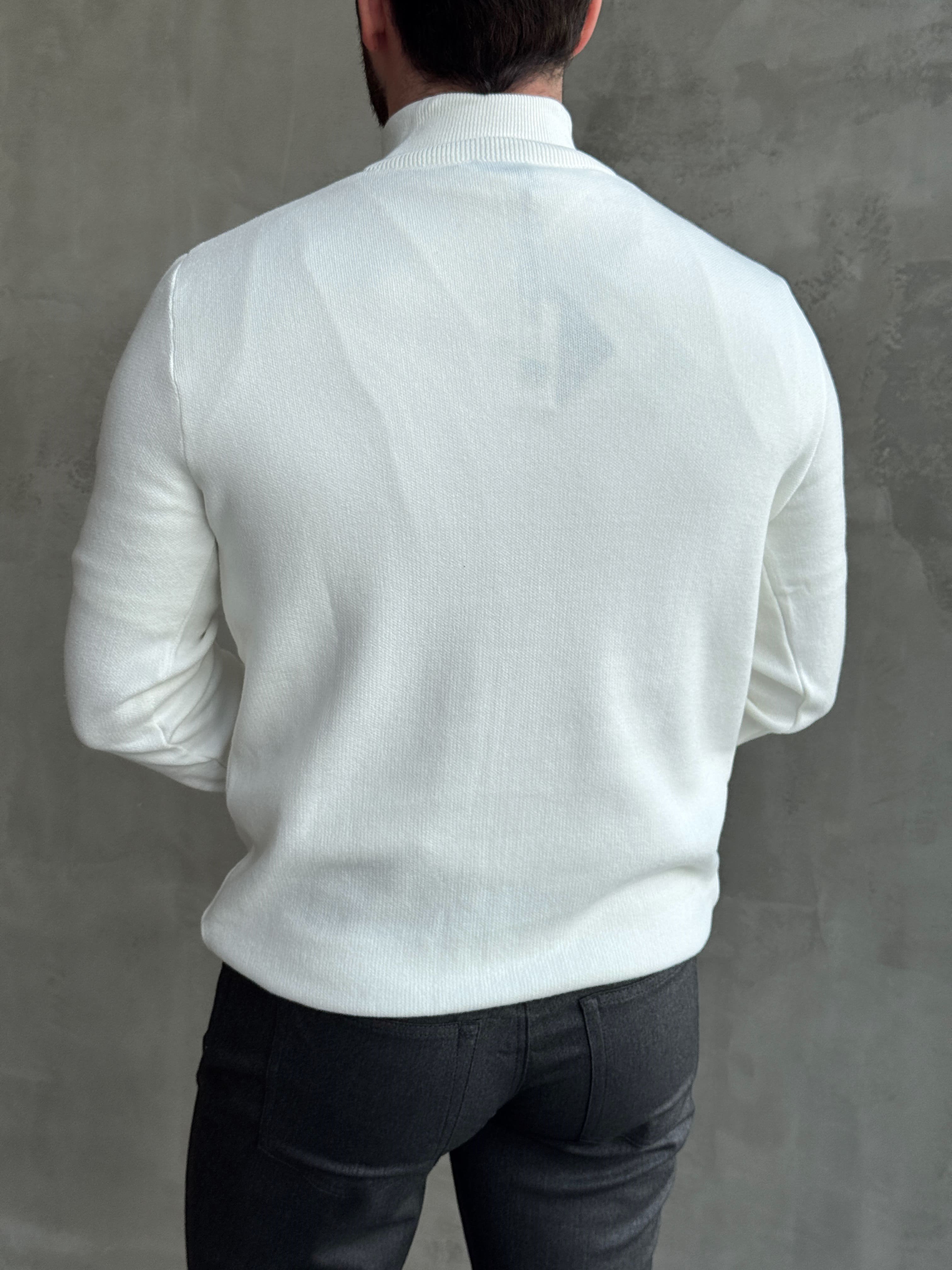 Erkek Trend Model Regular Kalıp Dik Yaka Yarım Fermuarlı Triko Kazak-Beyaz(E1864)Ketench