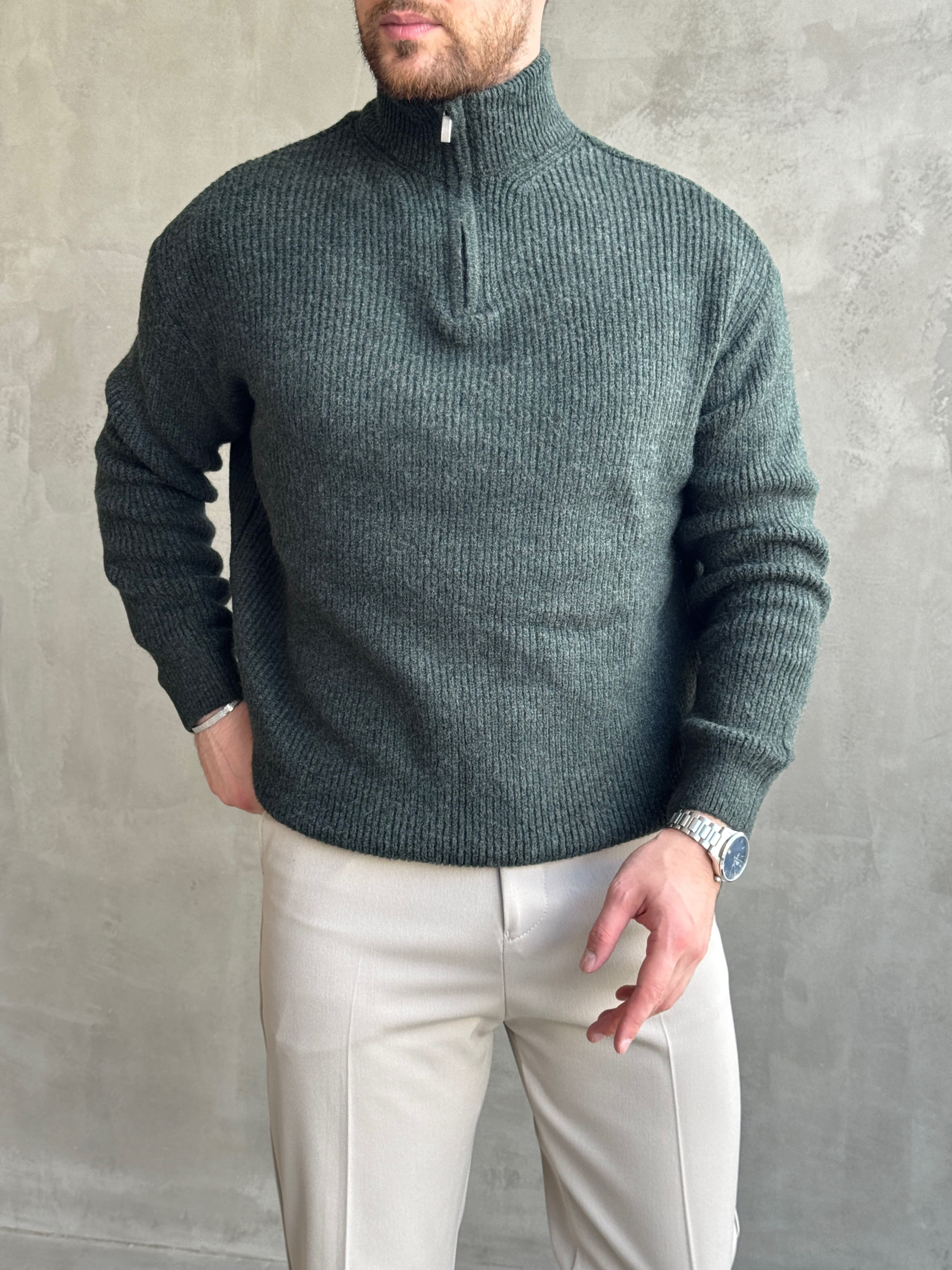 Erkek Trend Model Regular Kalıp Dik Yaka Yarım Fermuarlı Brazilian Örme Triko Kazak-Nefti(E1865)Ketench