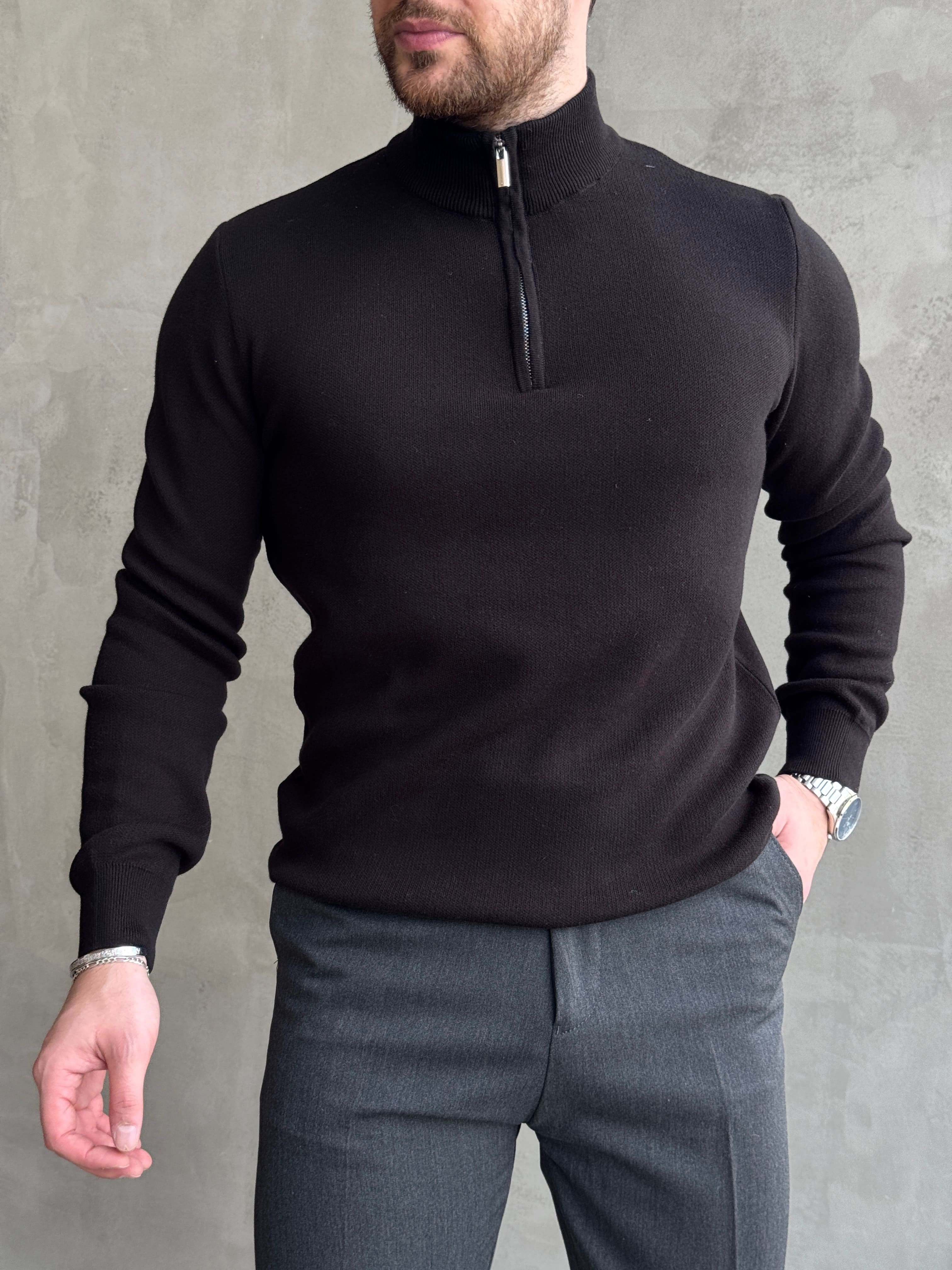 Erkek Trend Model Regular Kalıp Dik Yaka Yarım Fermuarlı Triko Kazak-Siyah(E1864)Ketench