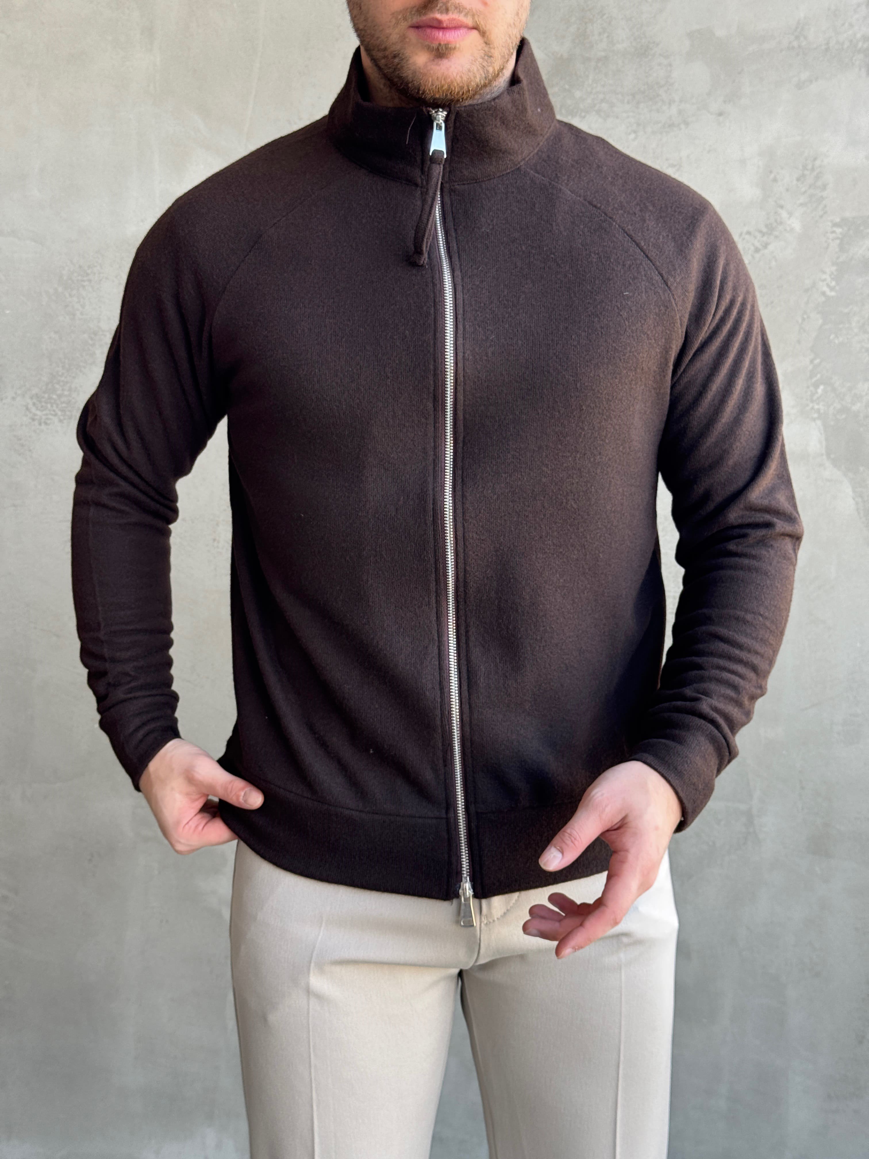 Erkek Trend Model Regular Kalıp Fermuarlı Dik Yaka Triko Hırka-Kahverengi(E1874)Ketench