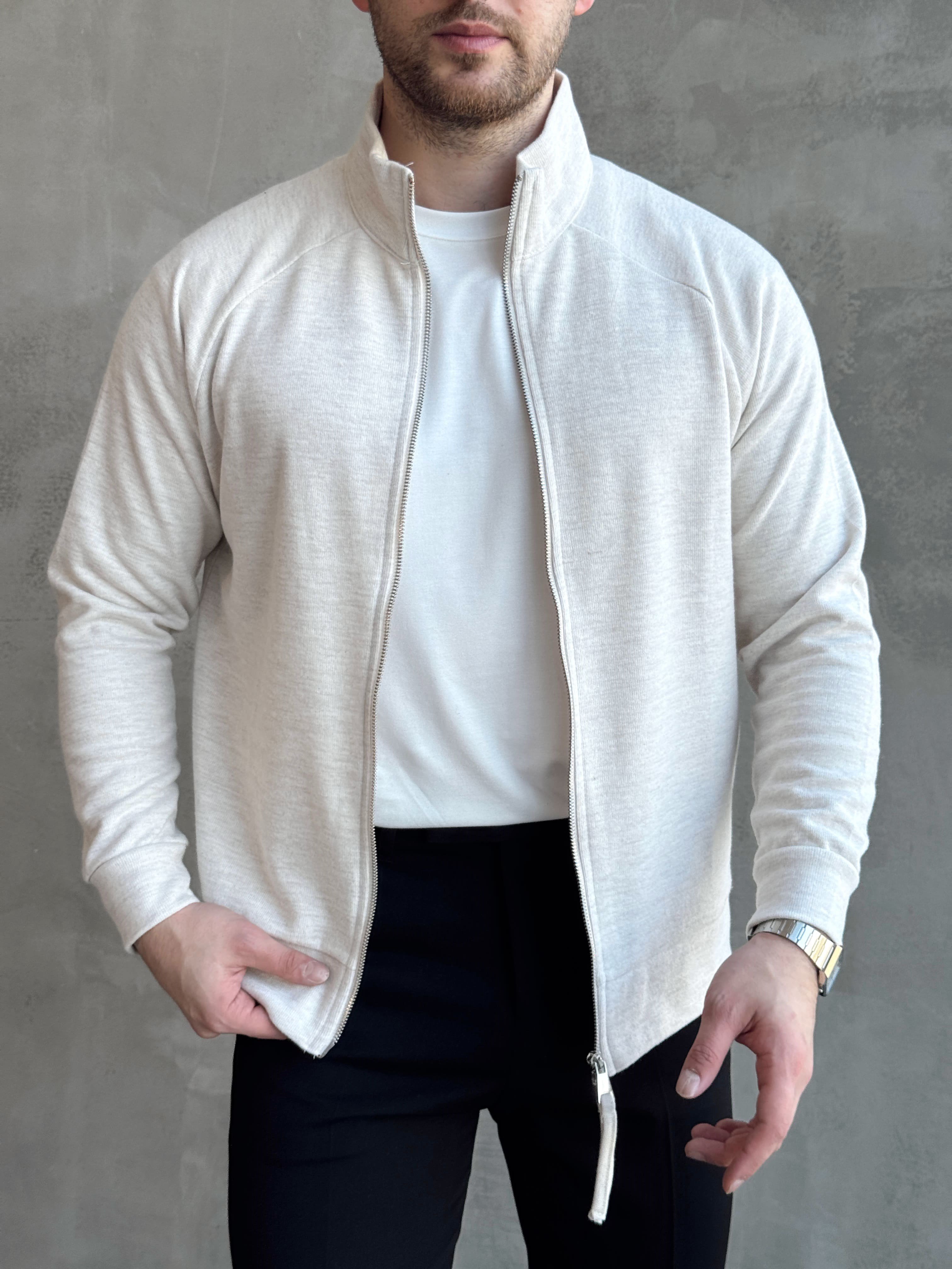 Erkek Trend Model Regular Kalıp Fermuarlı Dik Yaka Triko Hırka-Bej(E1874)Ketench