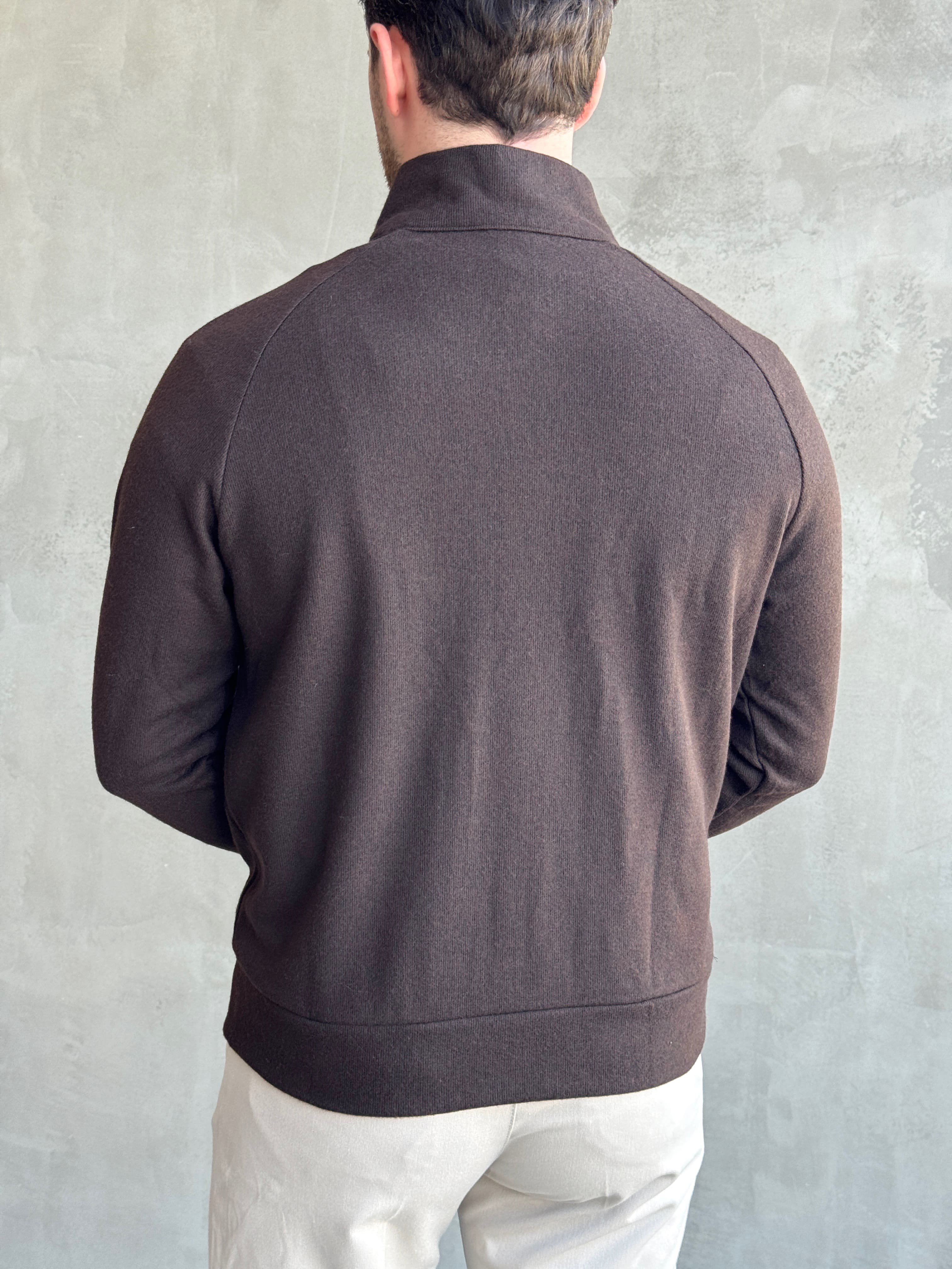 Erkek Trend Model Regular Kalıp Fermuarlı Dik Yaka Triko Hırka-Kahverengi(E1874)Ketench