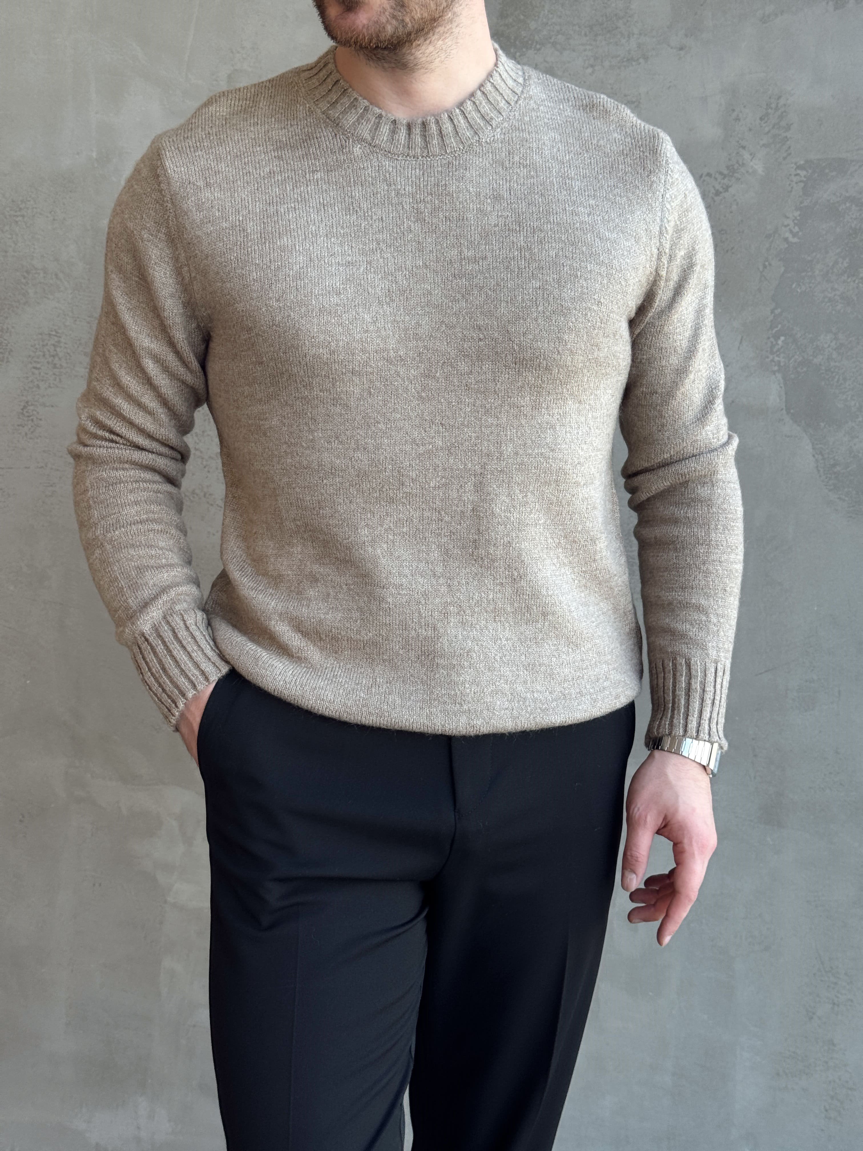 Erkek Trend Model Regular Kalıp Ribana Detaylı Bisiklet Yaka %50 Yün Triko Kazak-Taş(E1871)Ketench
