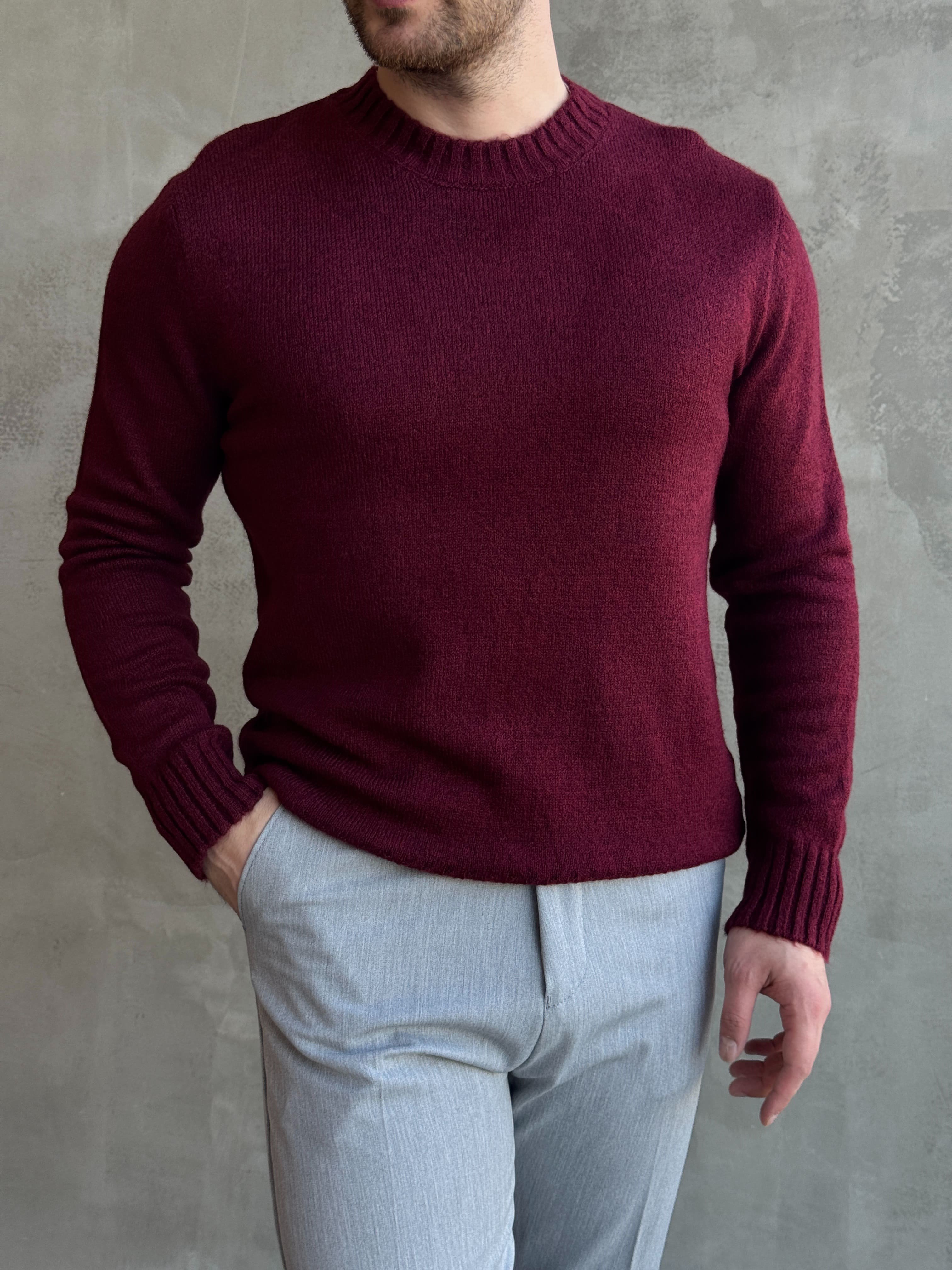 Erkek Trend Model Regular Kalıp Ribana Detaylı Bisiklet Yaka %50 Yün Triko Kazak-Bordo(E1871)Ketench