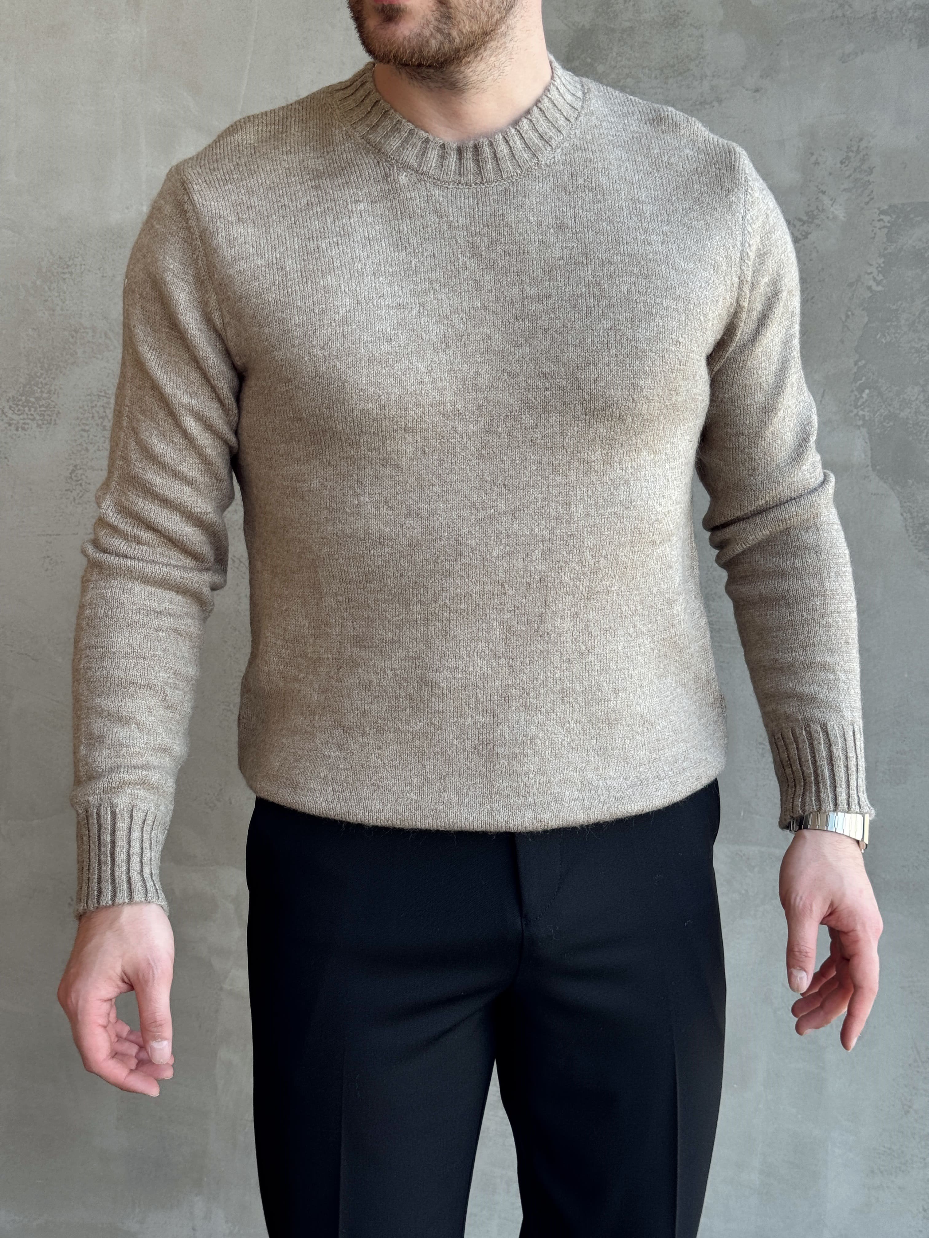 Erkek Trend Model Regular Kalıp Ribana Detaylı Bisiklet Yaka %50 Yün Triko Kazak-Taş(E1871)Ketench