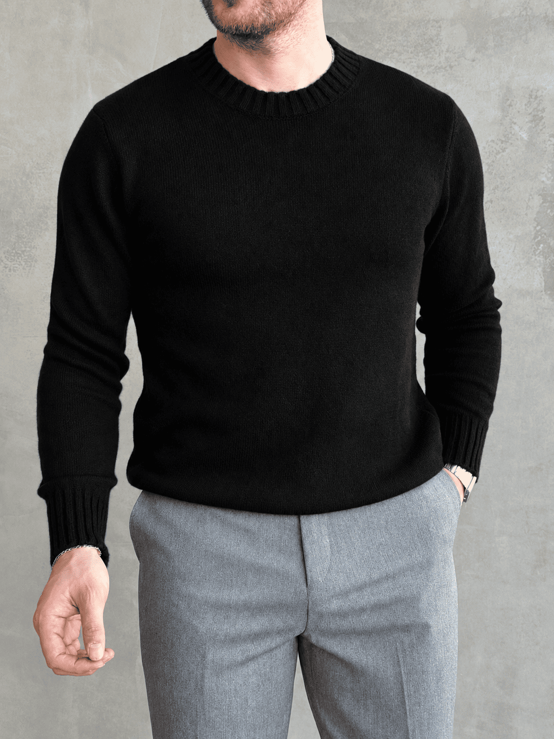 Erkek Trend Model Regular Kalıp Ribana Detaylı Bisiklet Yaka %50 Yün Triko Kazak-Siyah(E1871)Ketench