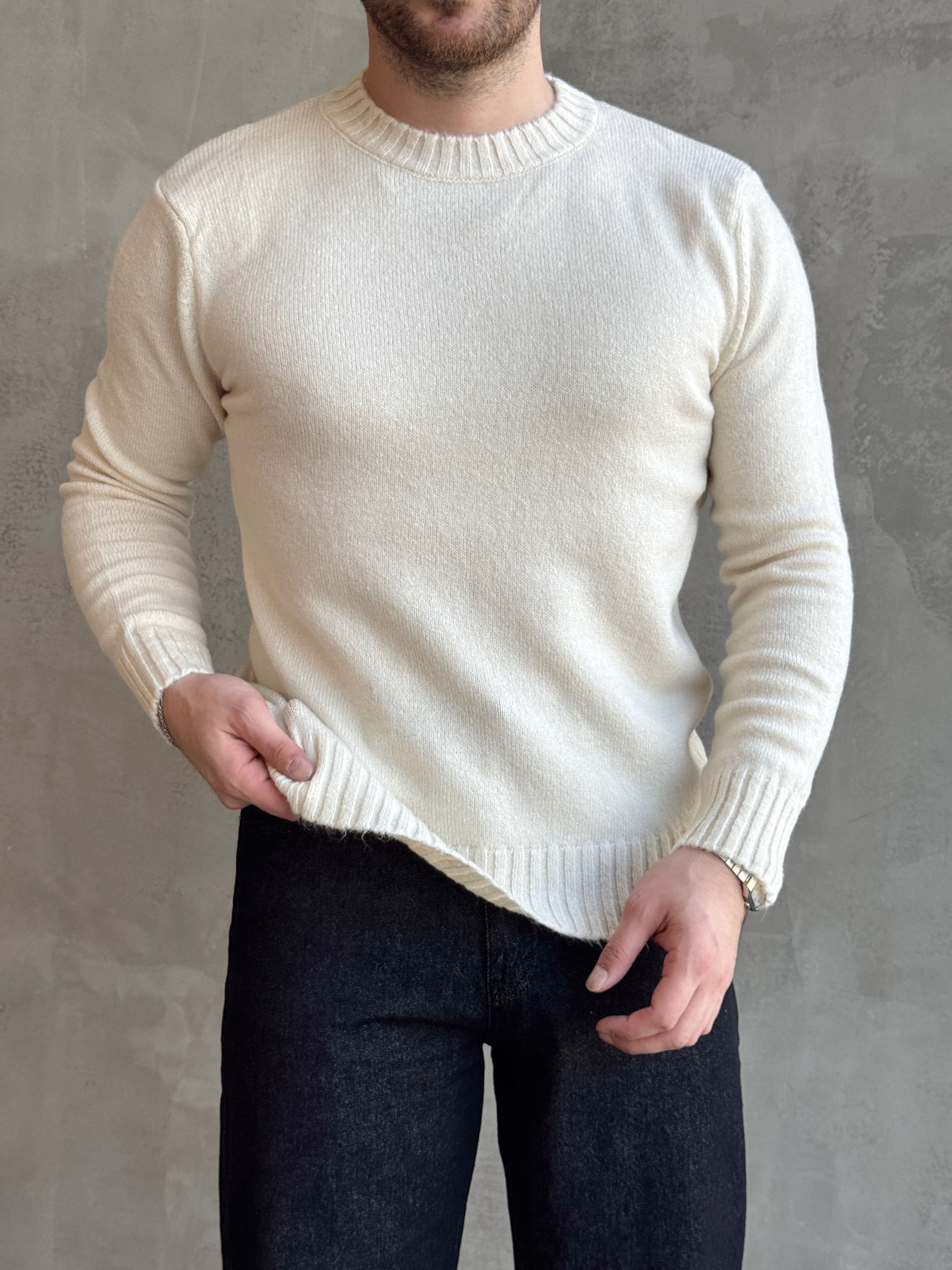 Erkek Trend Model Regular Kalıp Ribana Detaylı Bisiklet Yaka %50 Yün Triko Kazak-Bej(E1871)Ketench