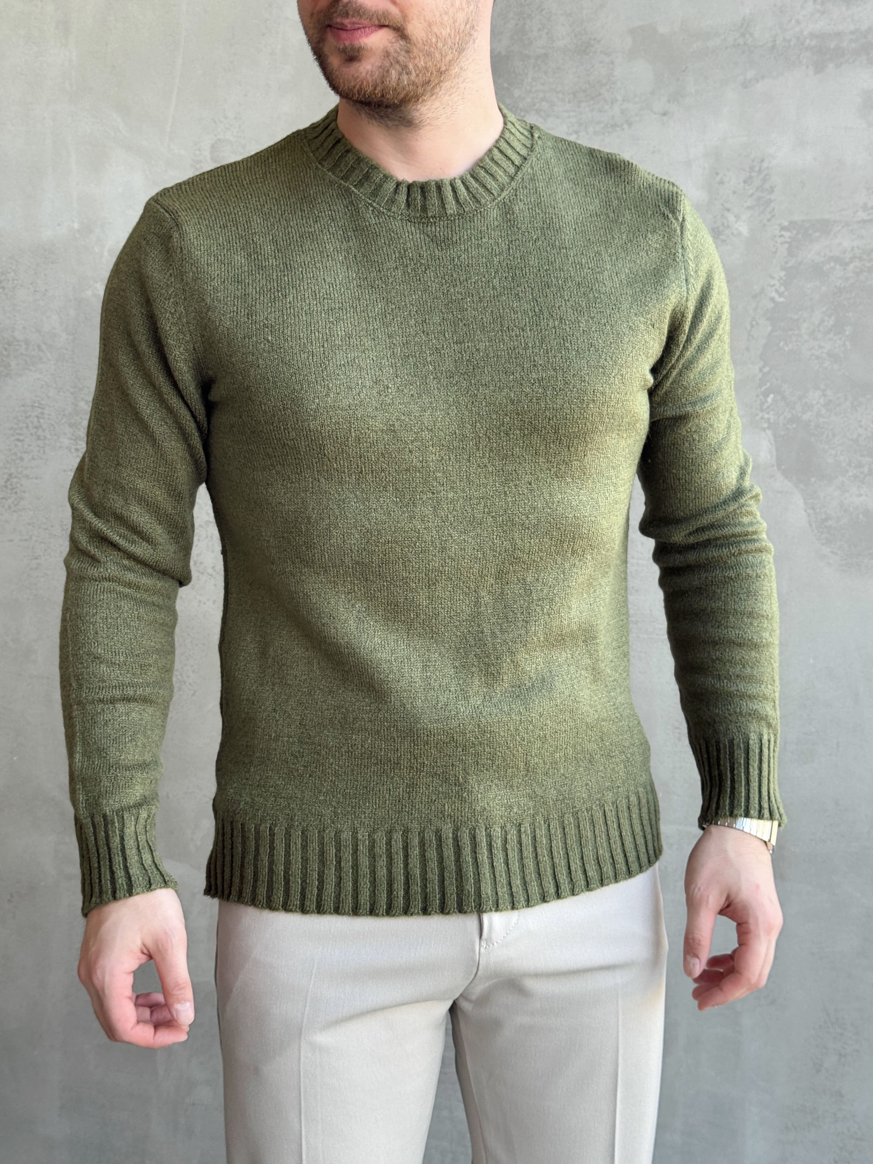 Erkek Trend Model Regular Kalıp Ribana Detaylı Bisiklet Yaka %50 Yün Triko Kazak-Haki(E1871)Ketench