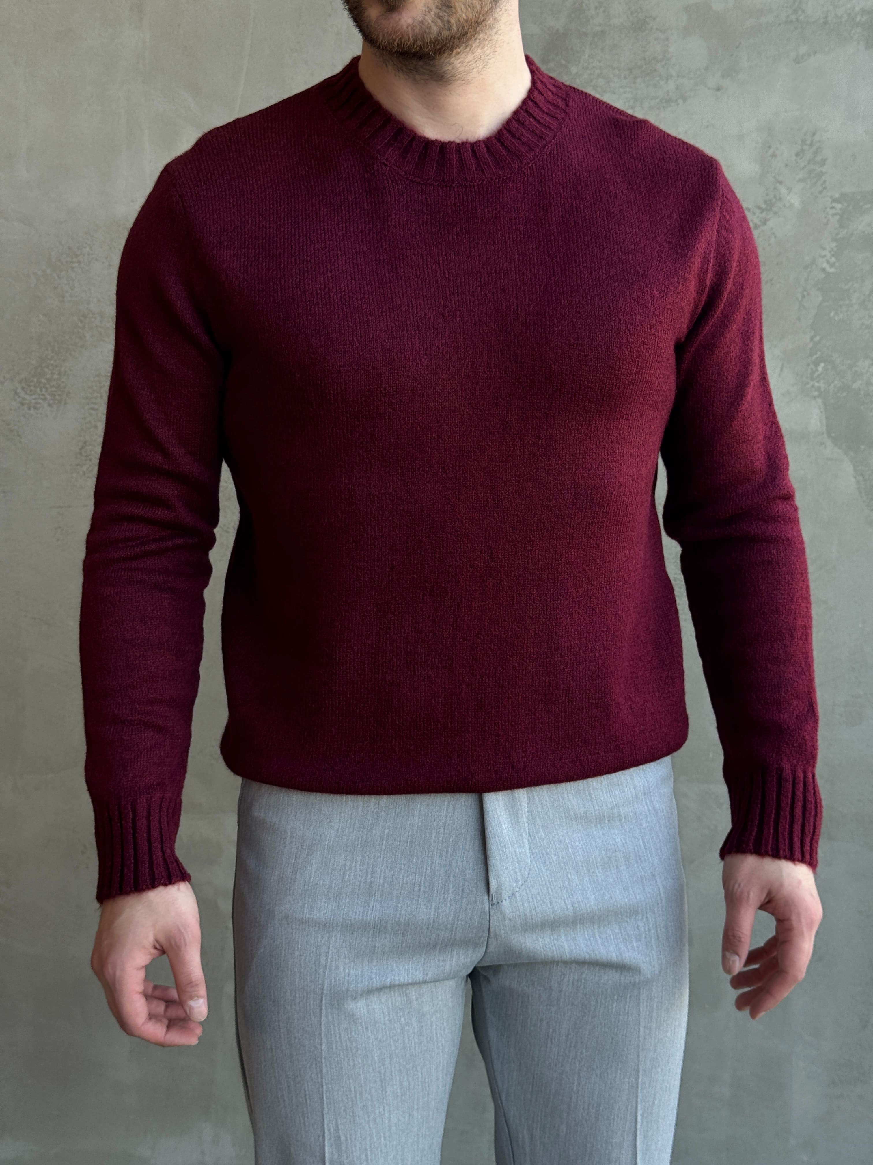 Erkek Trend Model Regular Kalıp Ribana Detaylı Bisiklet Yaka %50 Yün Triko Kazak-Bordo(E1871)Ketench