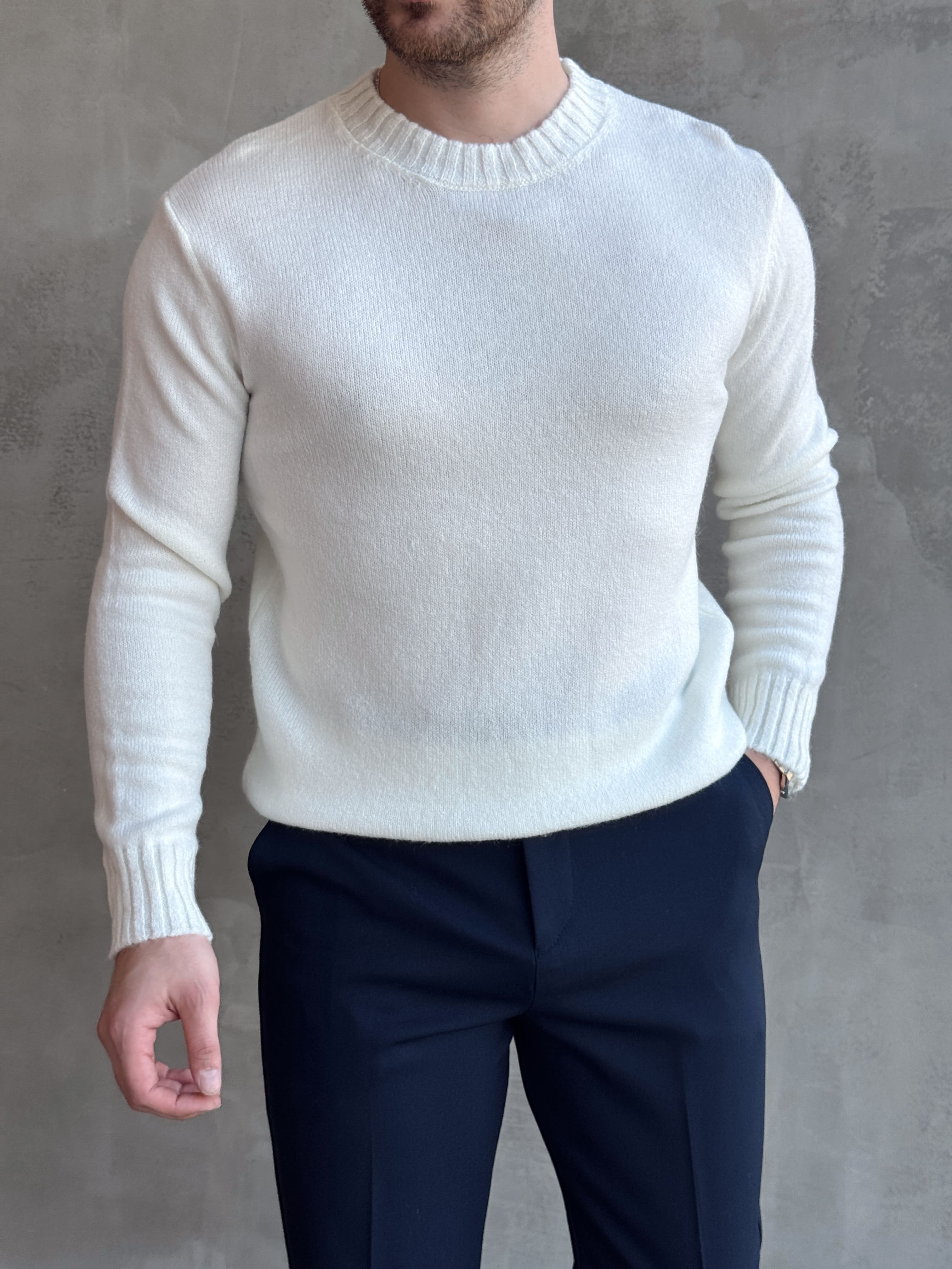 Erkek Trend Model Regular Kalıp Ribana Detaylı Bisiklet Yaka %50 Yün Triko Kazak-Ekru(E1871)Ketench