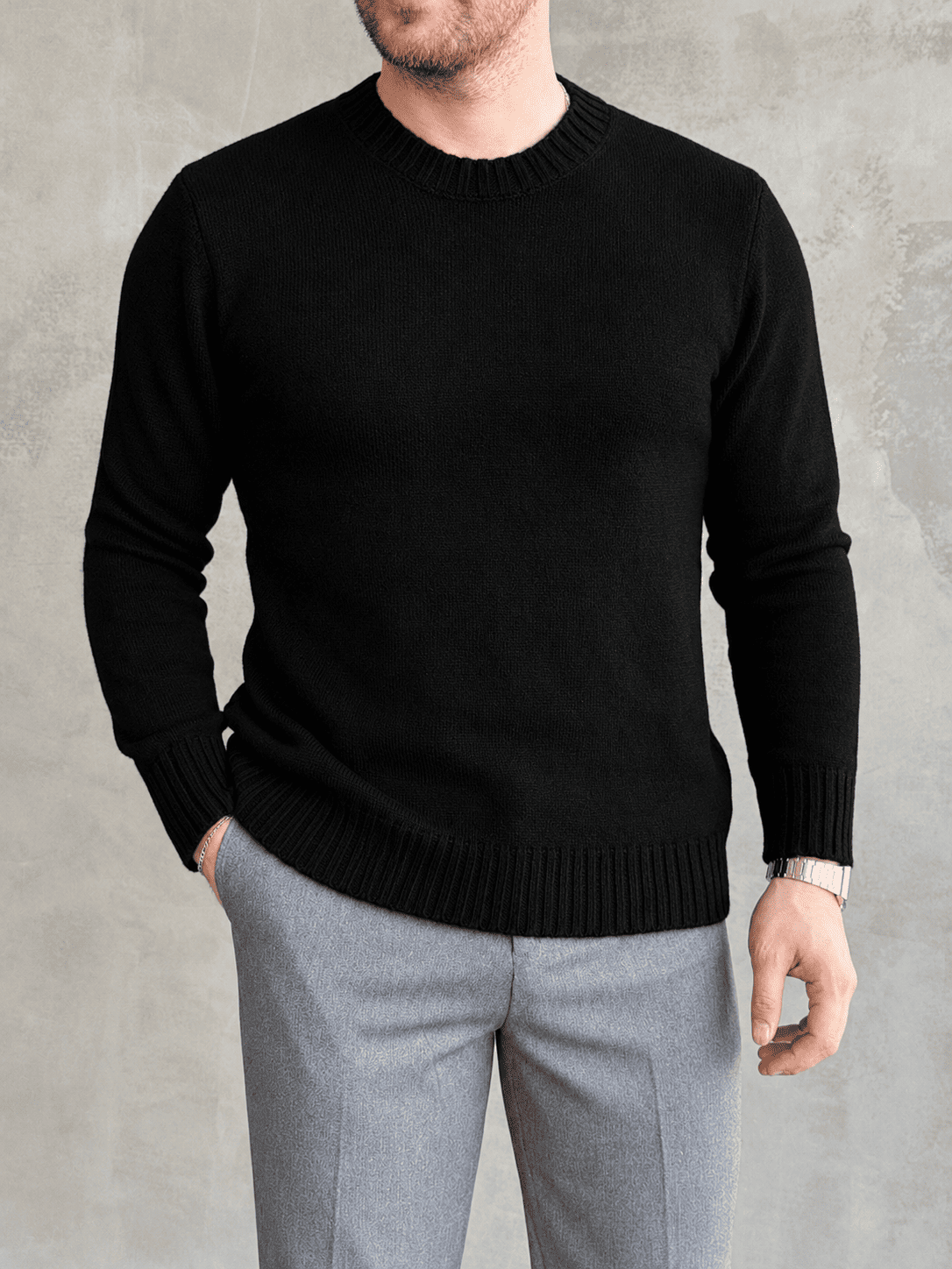 Erkek Trend Model Regular Kalıp Ribana Detaylı Bisiklet Yaka %50 Yün Triko Kazak-Siyah(E1871)Ketench