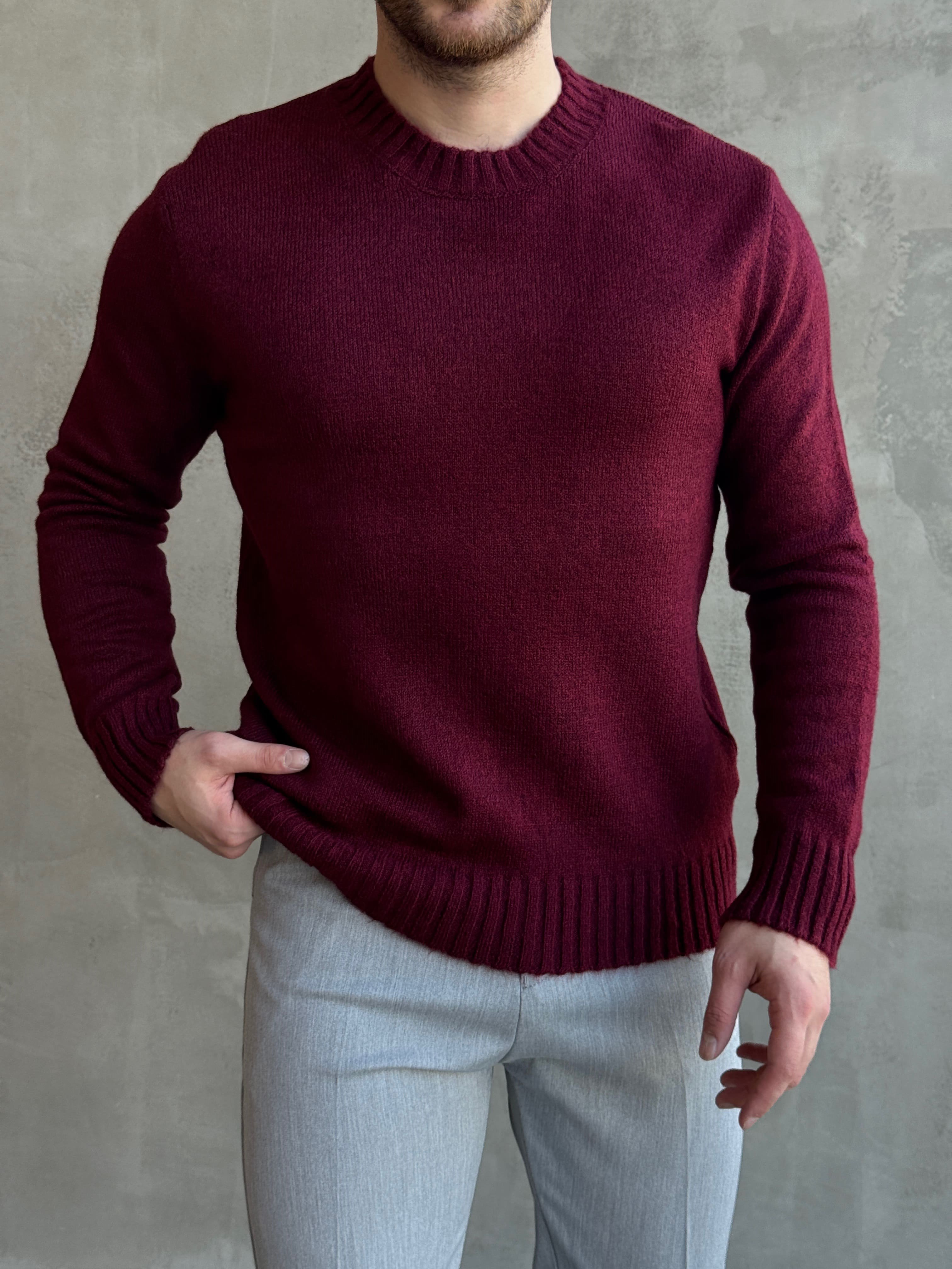 Erkek Trend Model Regular Kalıp Ribana Detaylı Bisiklet Yaka %50 Yün Triko Kazak-Bordo(E1871)Ketench