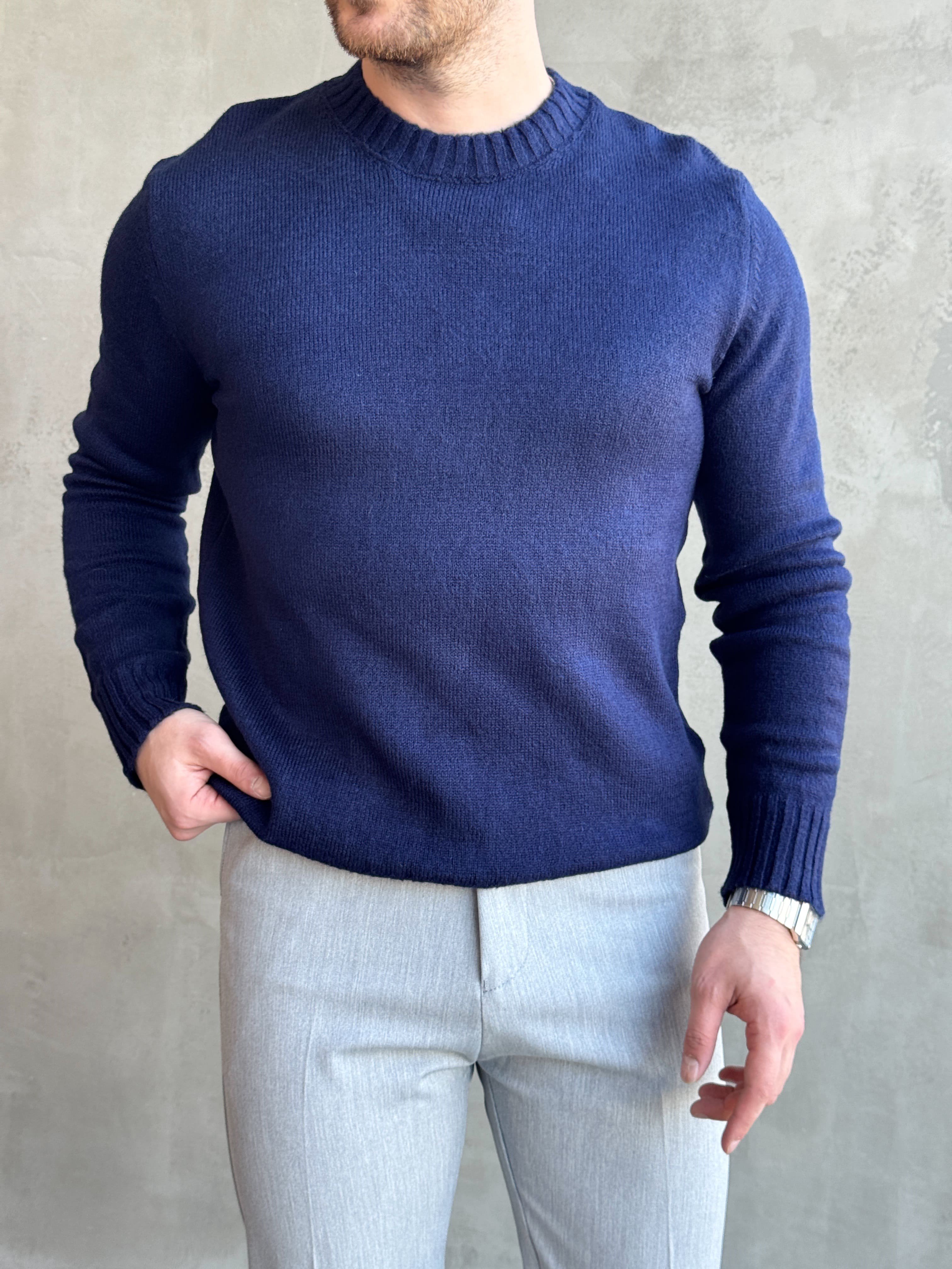 Erkek Trend Model Regular Kalıp Ribana Detaylı Bisiklet Yaka %50 Yün Triko Kazak-Lacivert(E1871)Ketench