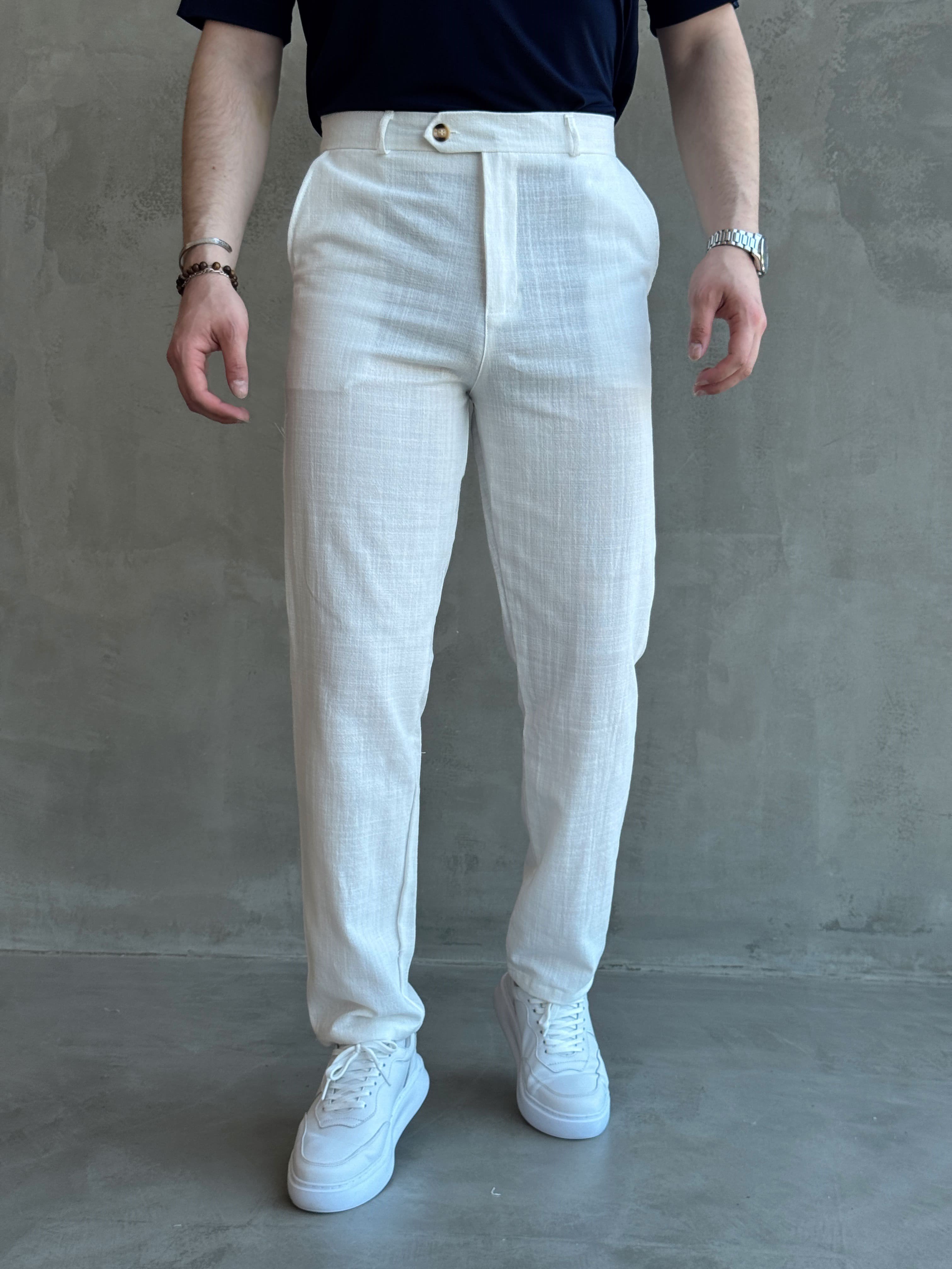 Erkek Trend Model Tercih Edilen Regular Kalıp Kopçalı Keten Kumaş Pantolon-Beyaz(E1742)Ketench