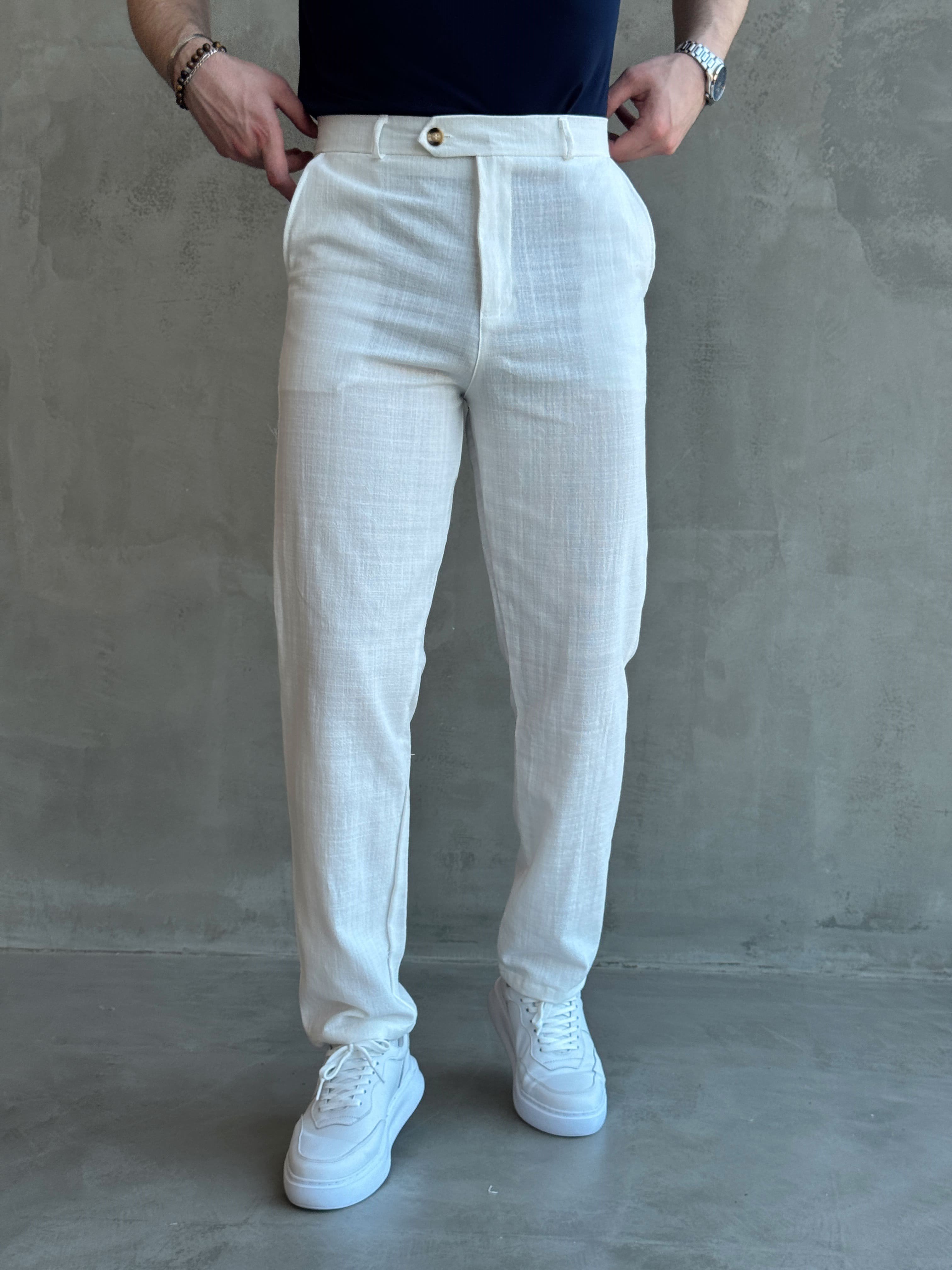 Erkek Trend Model Tercih Edilen Regular Kalıp Kopçalı Keten Kumaş Pantolon-Beyaz(E1742)Ketench
