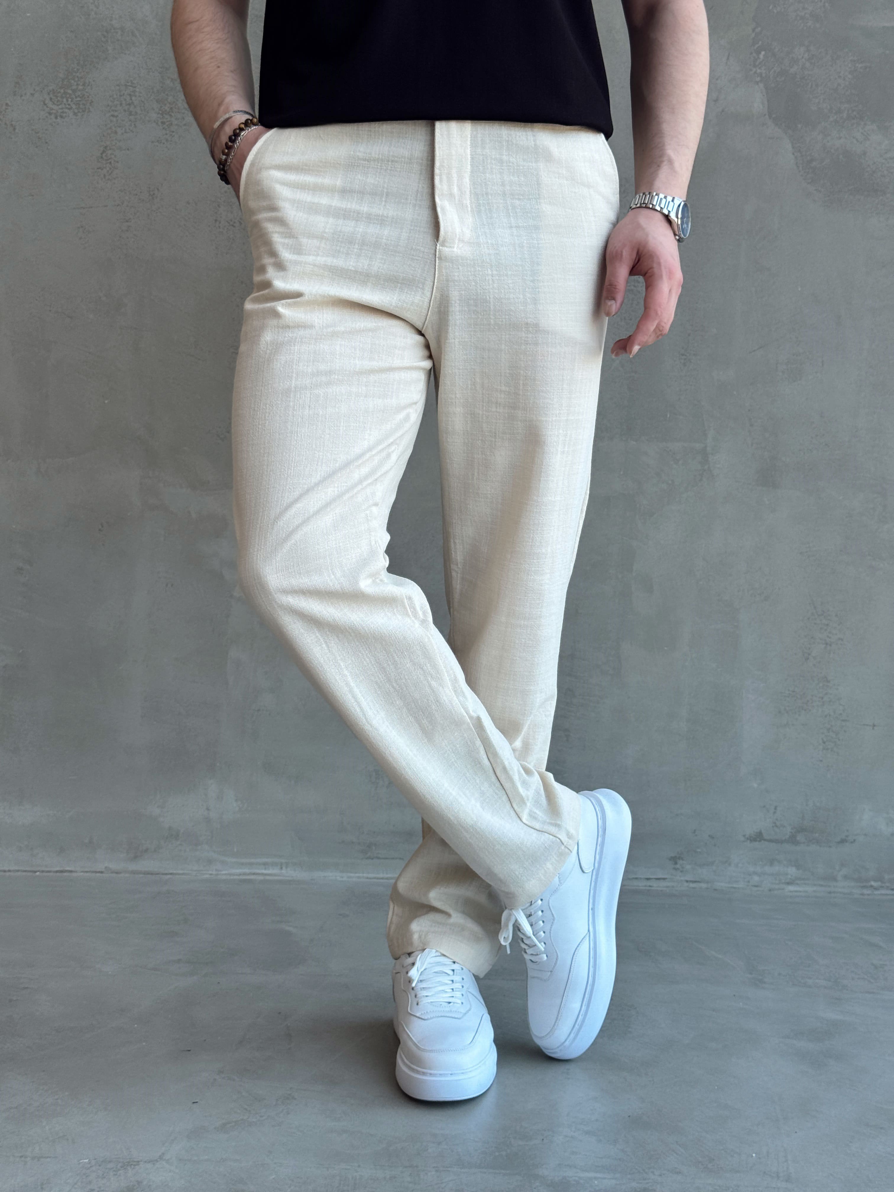 Erkek Trend Model Tercih Edilen Regular Kalıp Kopçalı Keten Kumaş Pantolon-Krem(E1742)Ketench