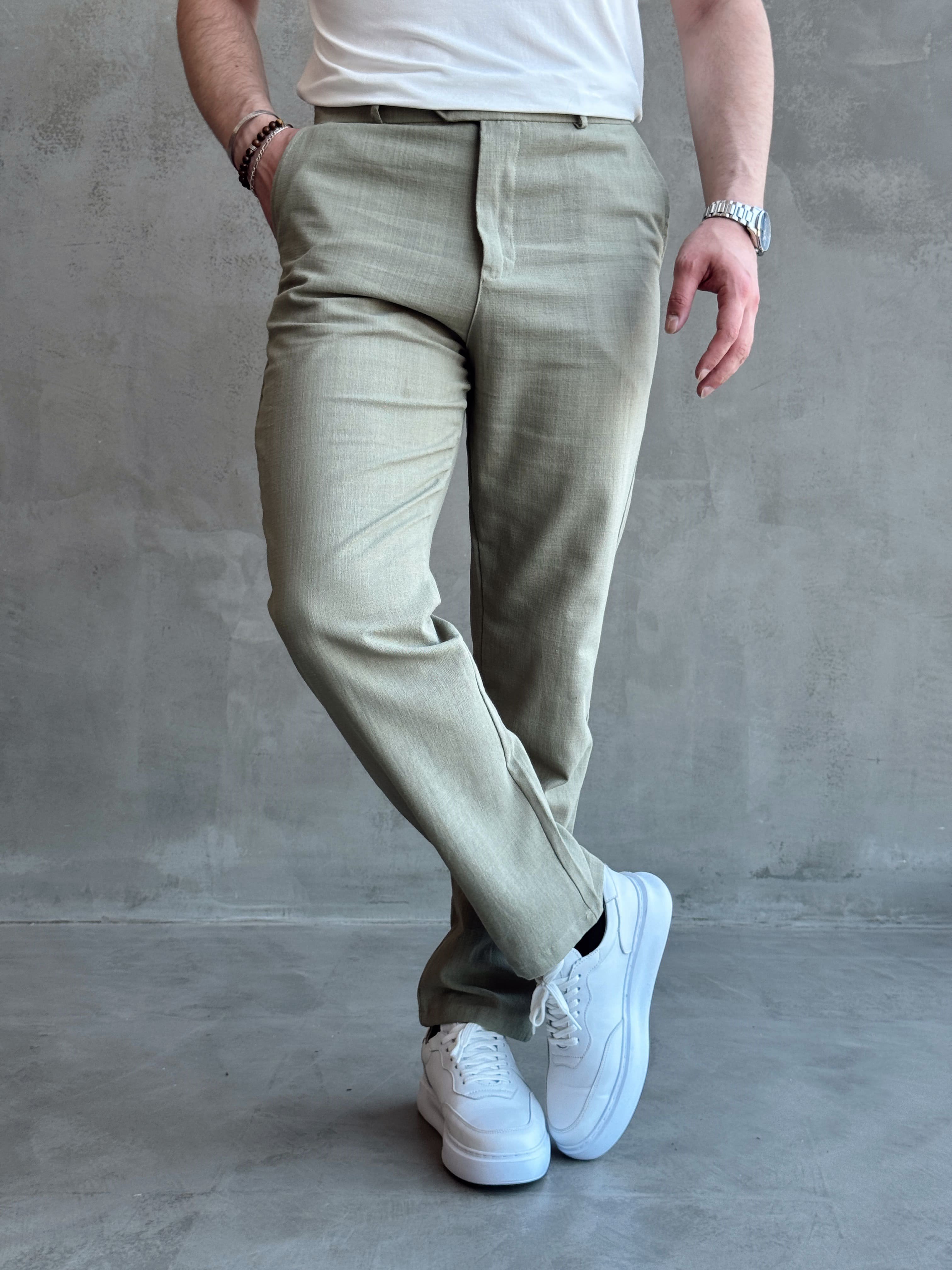 Erkek Trend Model Tercih Edilen Regular Kalıp Kopçalı Keten Kumaş Pantolon-Haki(E1742)Ketench