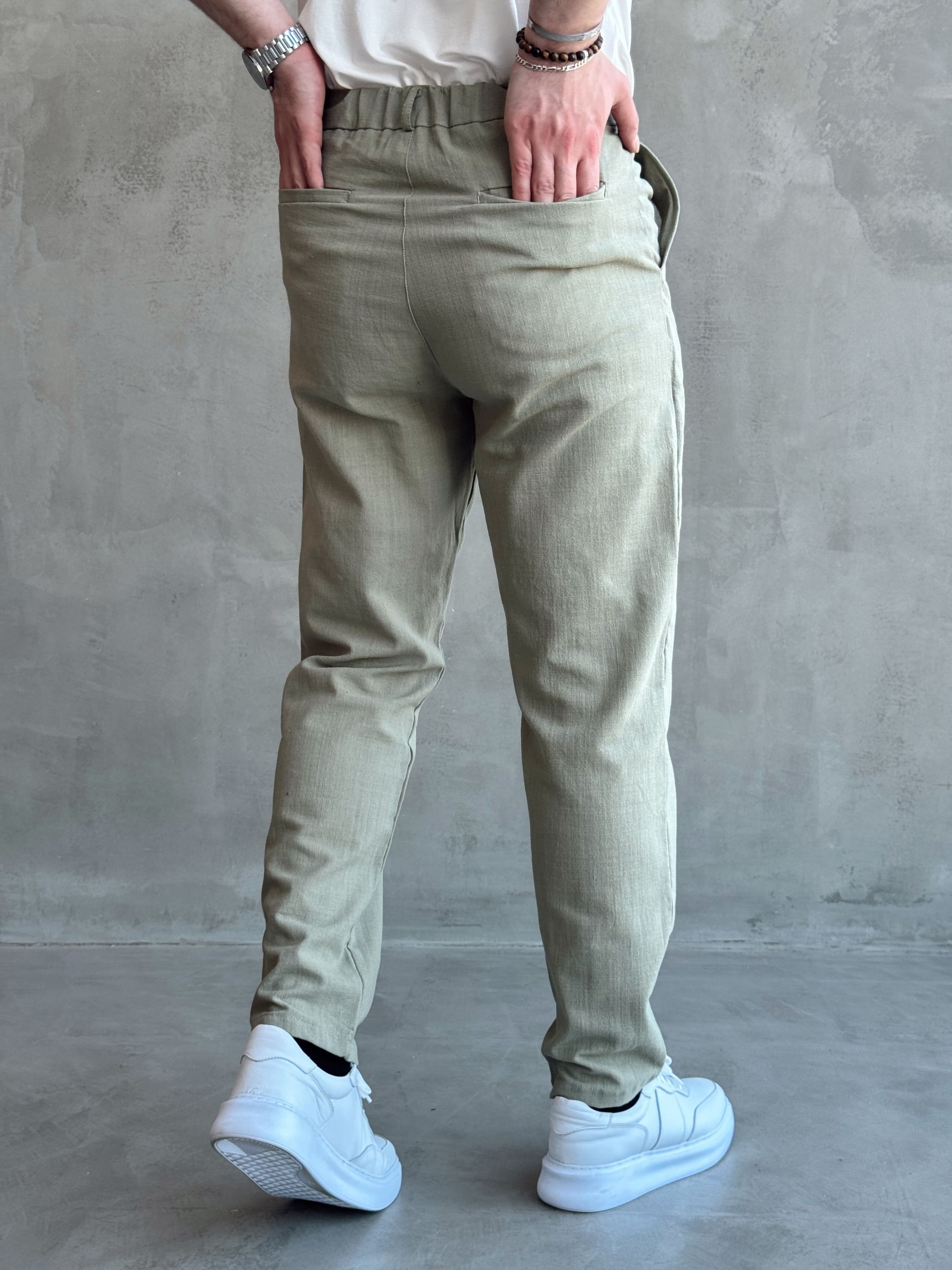 Erkek Trend Model Tercih Edilen Regular Kalıp Kopçalı Keten Kumaş Pantolon-Haki(E1742)Ketench