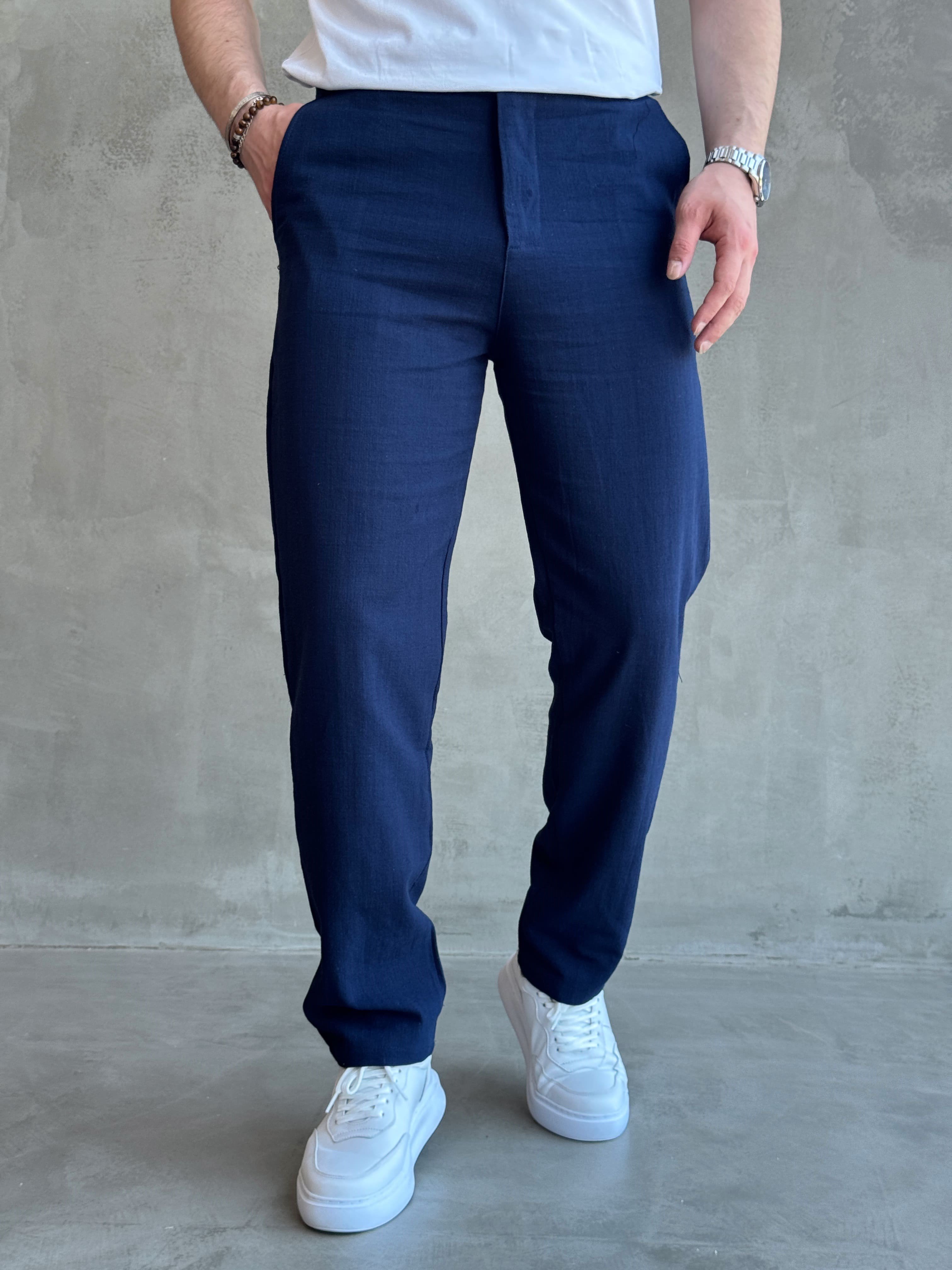 Erkek Trend Model Tercih Edilen Regular Kalıp Kopçalı Keten Kumaş Pantolon-Lacivert(E1742)Ketench