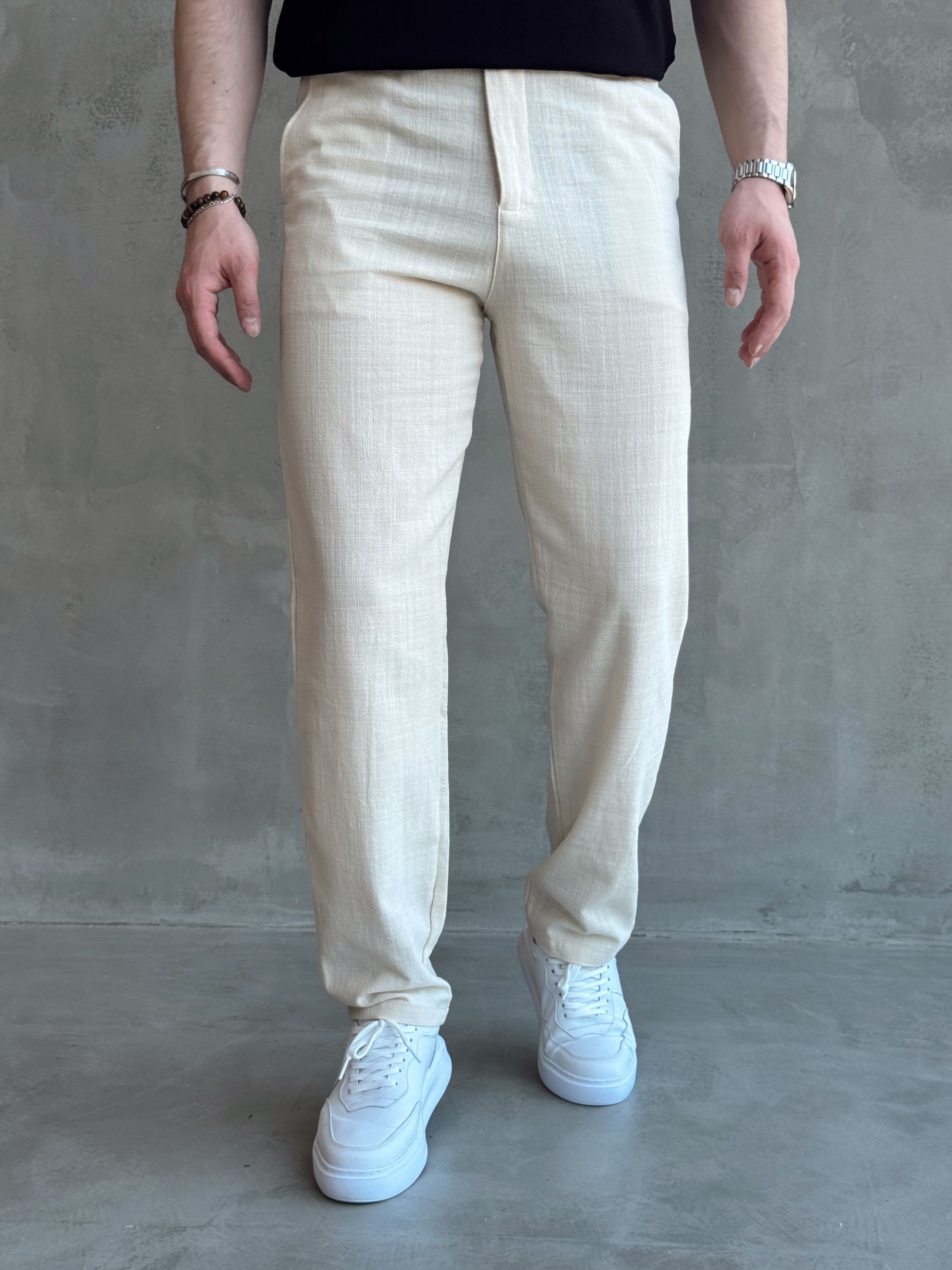 Erkek Trend Model Tercih Edilen Regular Kalıp Kopçalı Keten Kumaş Pantolon-Krem(E1742)Ketench