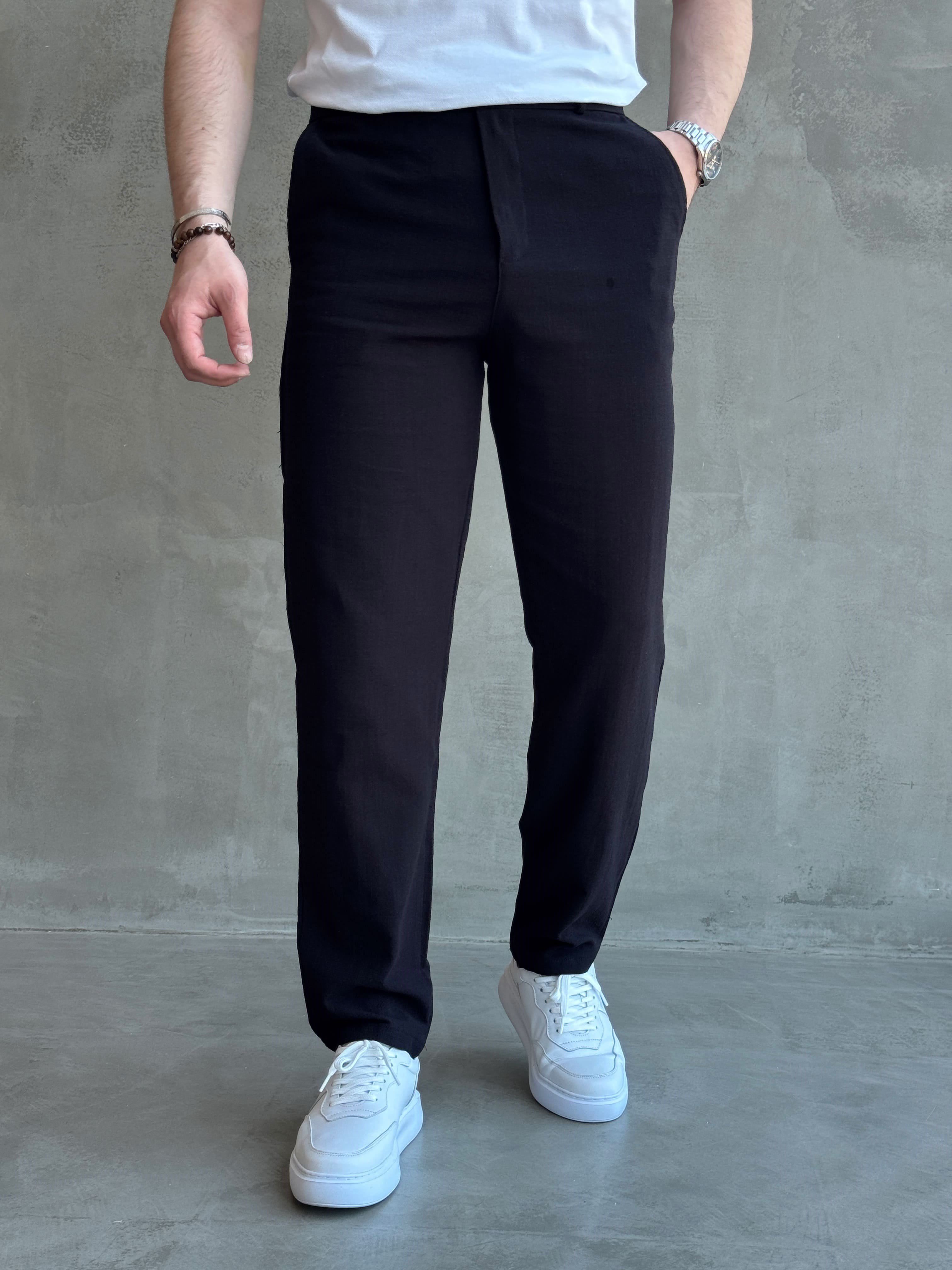 Erkek Trend Model Tercih Edilen Regular Kalıp Kopçalı Keten Kumaş Pantolon-Siyah(E1742)Ketench