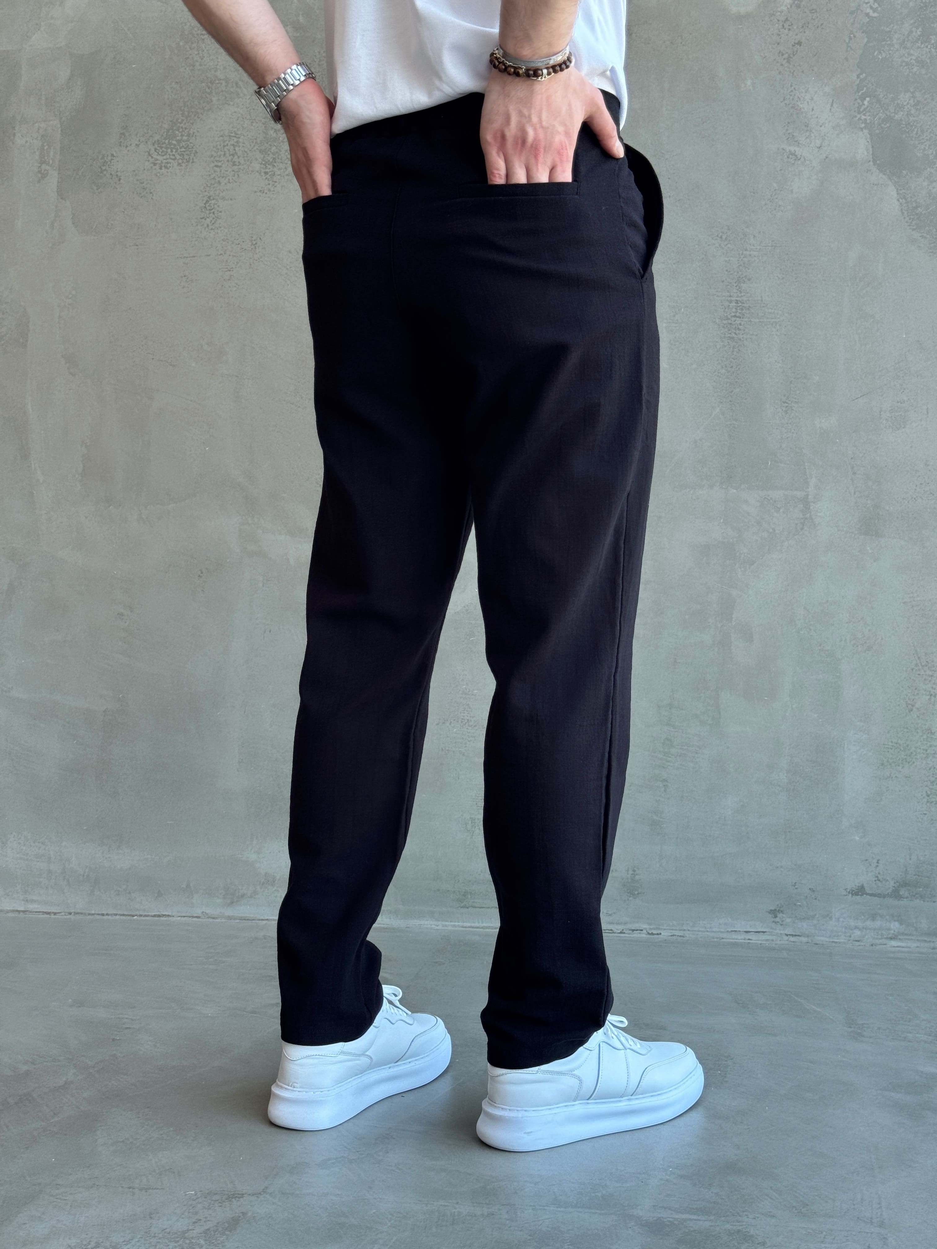 Erkek Trend Model Tercih Edilen Regular Kalıp Kopçalı Keten Kumaş Pantolon-Siyah(E1742)Ketench
