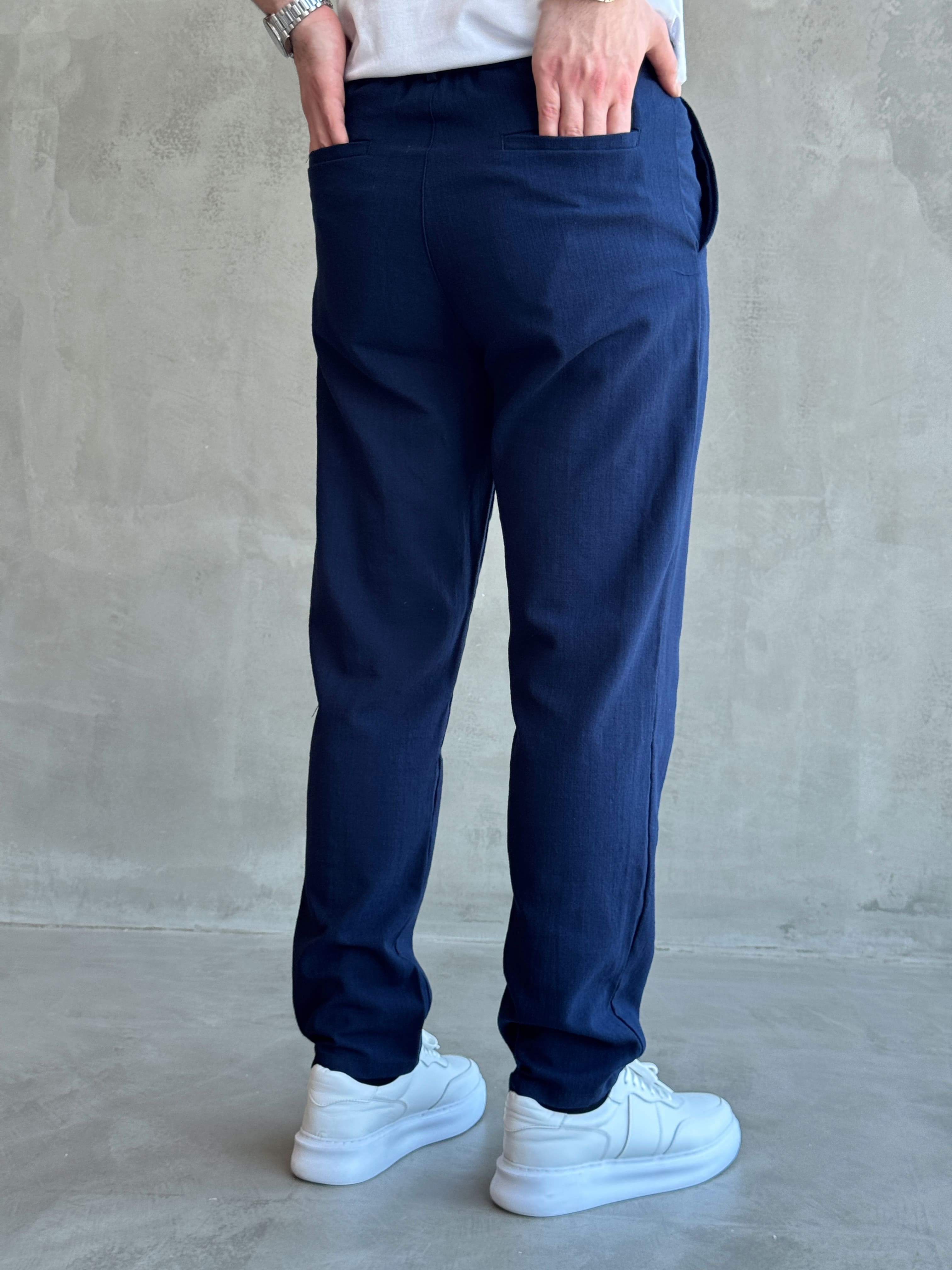 Erkek Trend Model Tercih Edilen Regular Kalıp Kopçalı Keten Kumaş Pantolon-Lacivert(E1742)Ketench