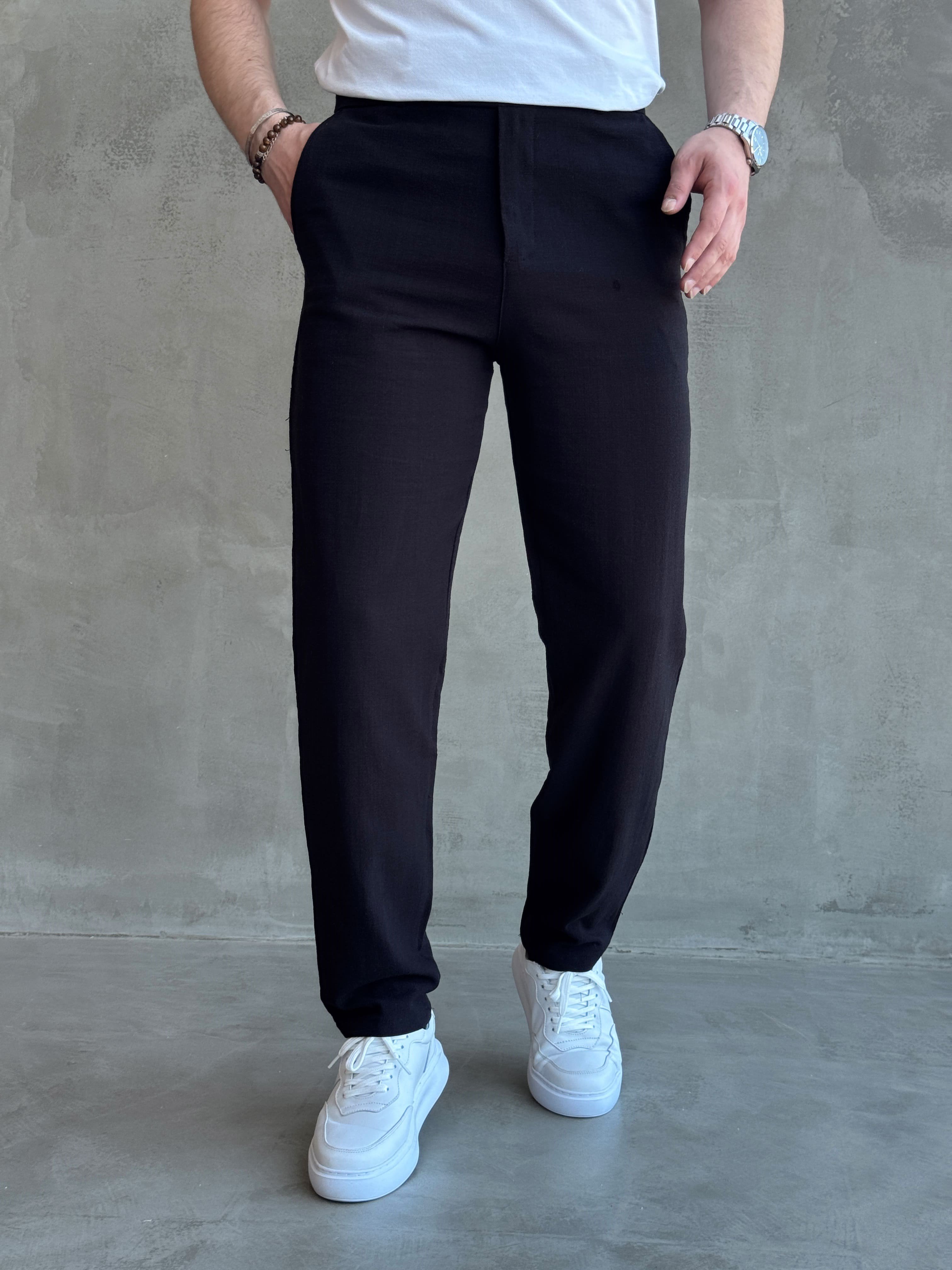 Erkek Trend Model Tercih Edilen Regular Kalıp Kopçalı Keten Kumaş Pantolon-Siyah(E1742)Ketench