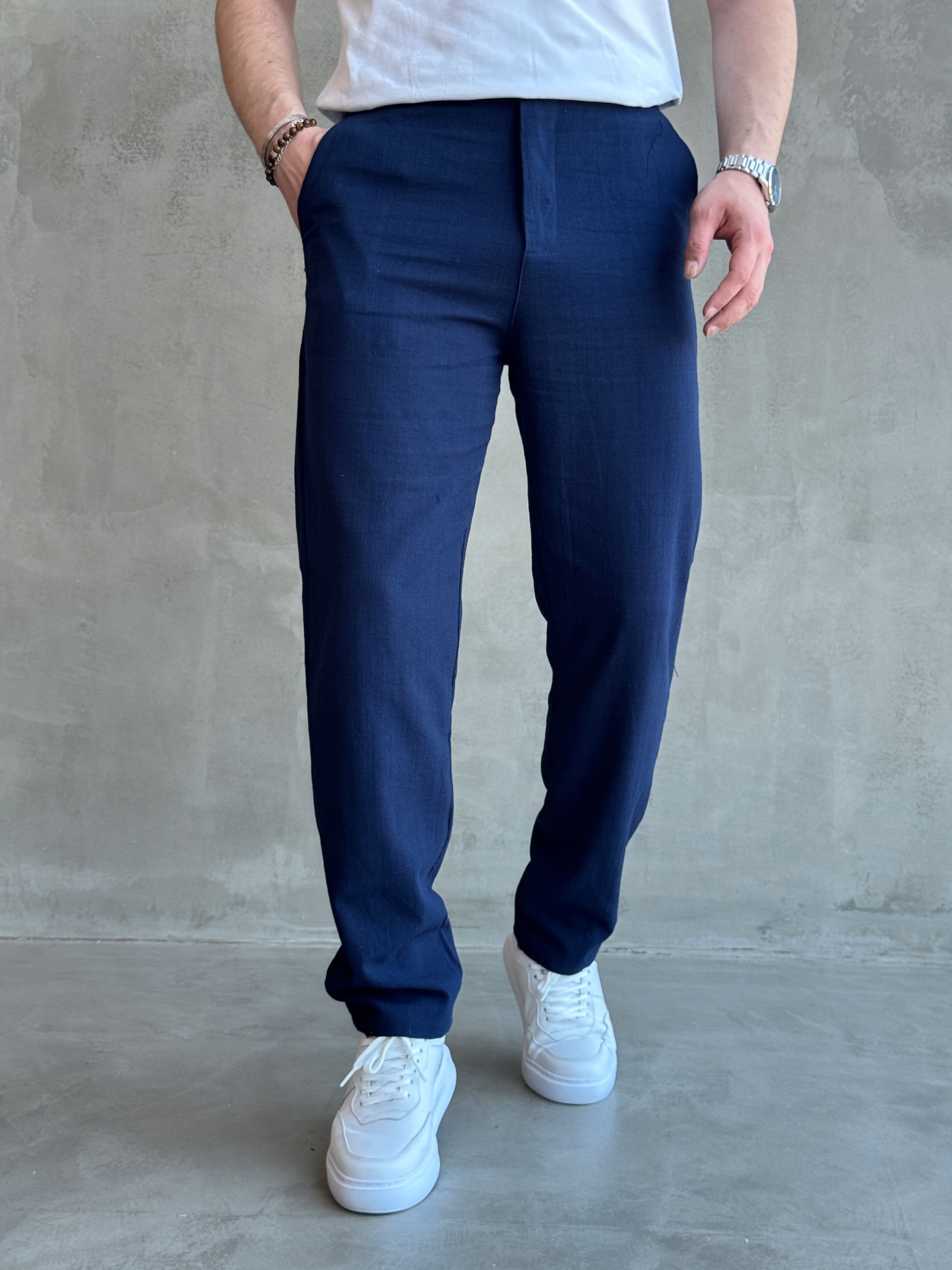 Erkek Trend Model Tercih Edilen Regular Kalıp Kopçalı Keten Kumaş Pantolon-Lacivert(E1742)Ketench