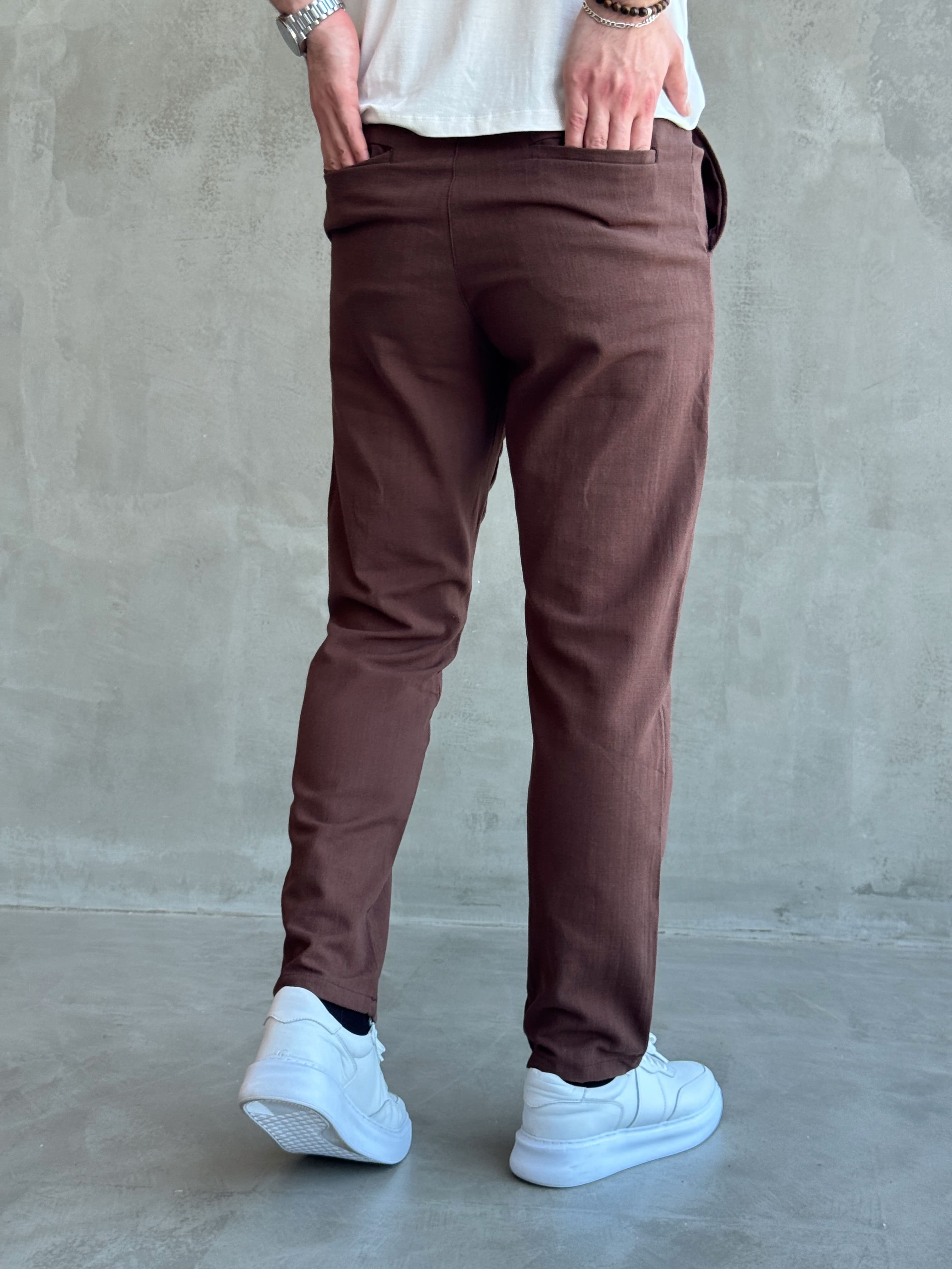 Erkek Trend Model Tercih Edilen Regular Kalıp Kopçalı Keten Kumaş Pantolon-Kahverengi(E1742)Ketench