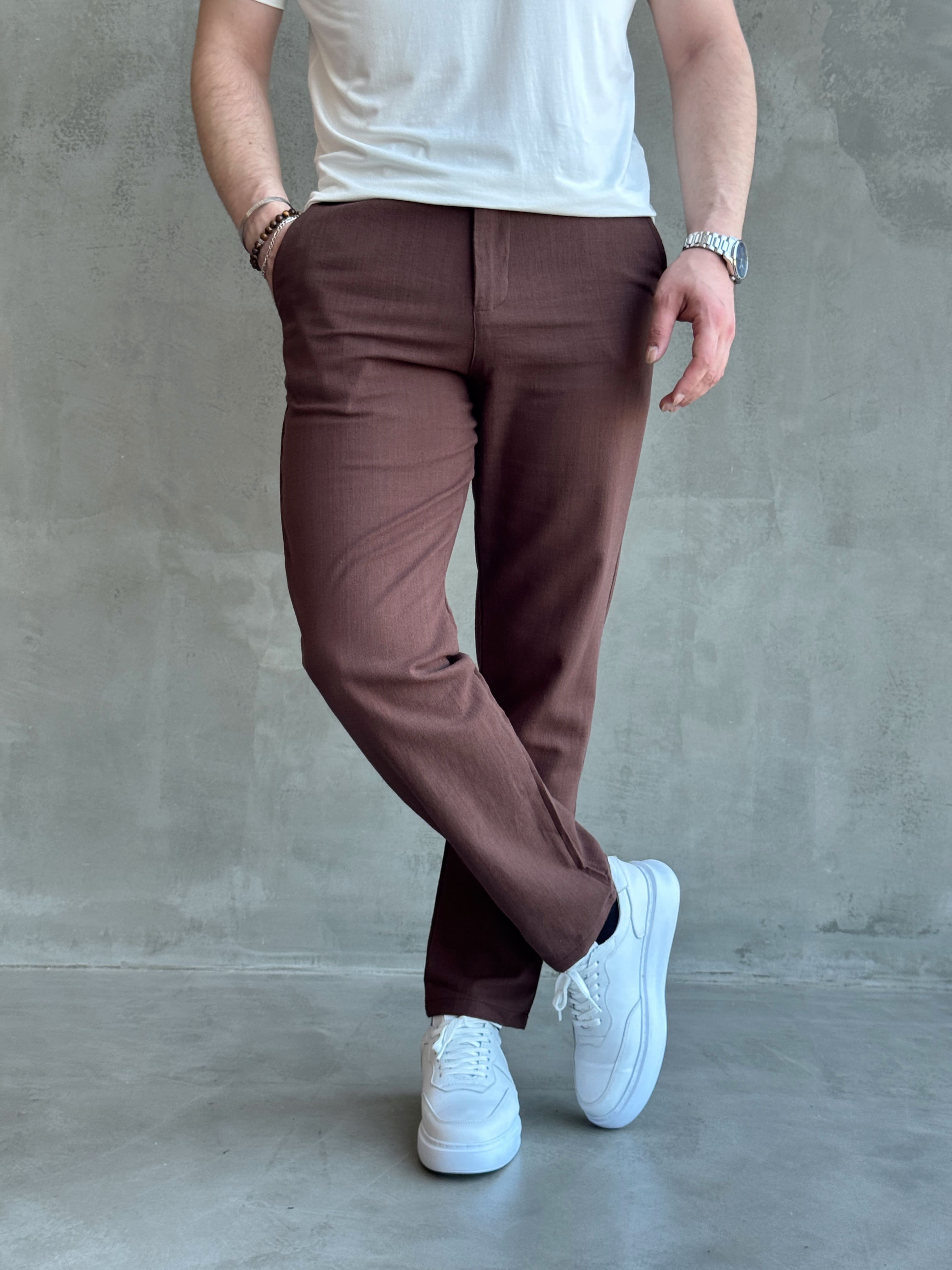 Erkek Trend Model Tercih Edilen Regular Kalıp Kopçalı Keten Kumaş Pantolon-Kahverengi(E1742)Ketench