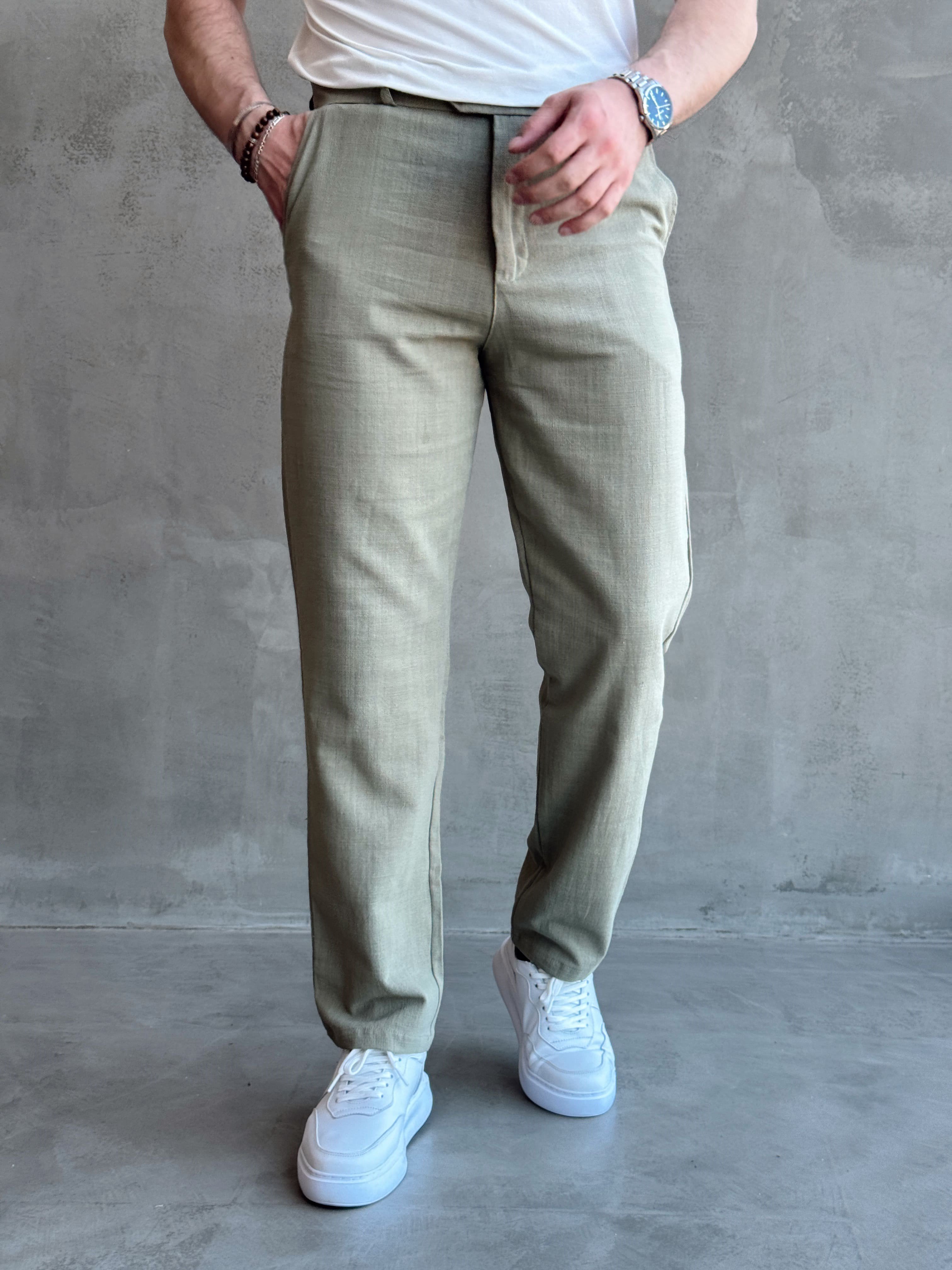 Erkek Trend Model Tercih Edilen Regular Kalıp Kopçalı Keten Kumaş Pantolon-Haki(E1742)Ketench