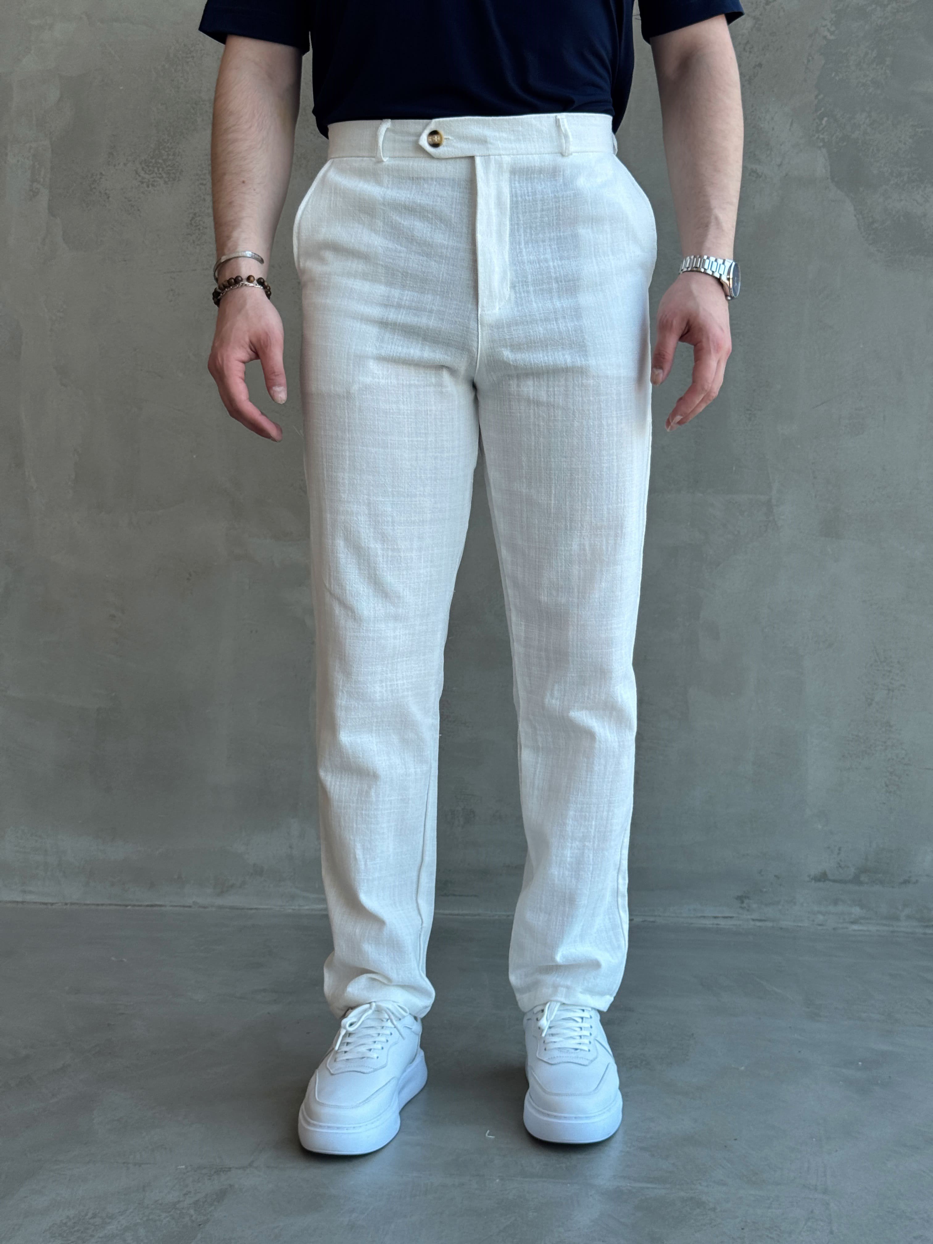 Erkek Trend Model Tercih Edilen Regular Kalıp Kopçalı Keten Kumaş Pantolon-Beyaz(E1742)Ketench