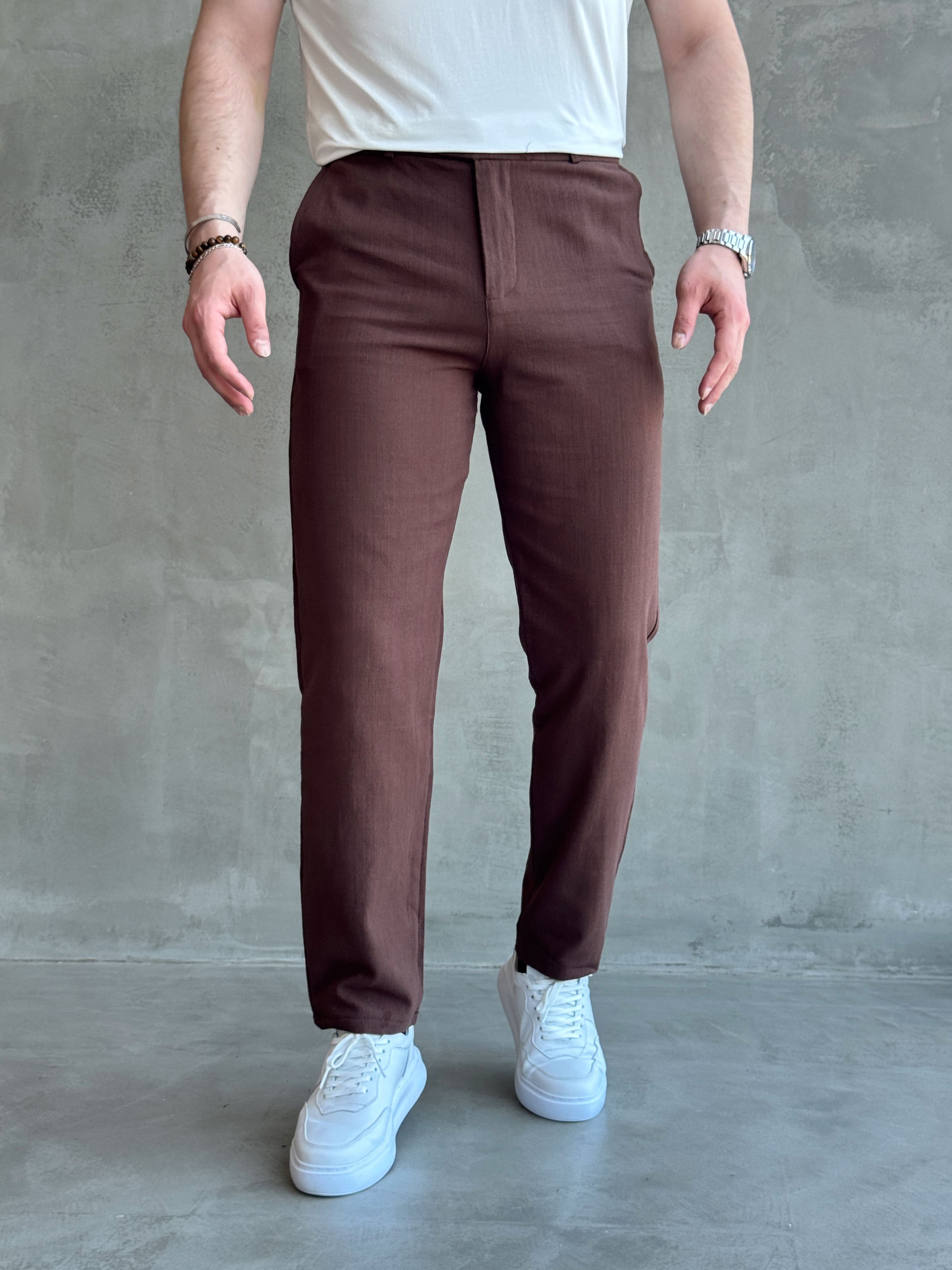 Erkek Trend Model Tercih Edilen Regular Kalıp Kopçalı Keten Kumaş Pantolon-Kahverengi(E1742)Ketench