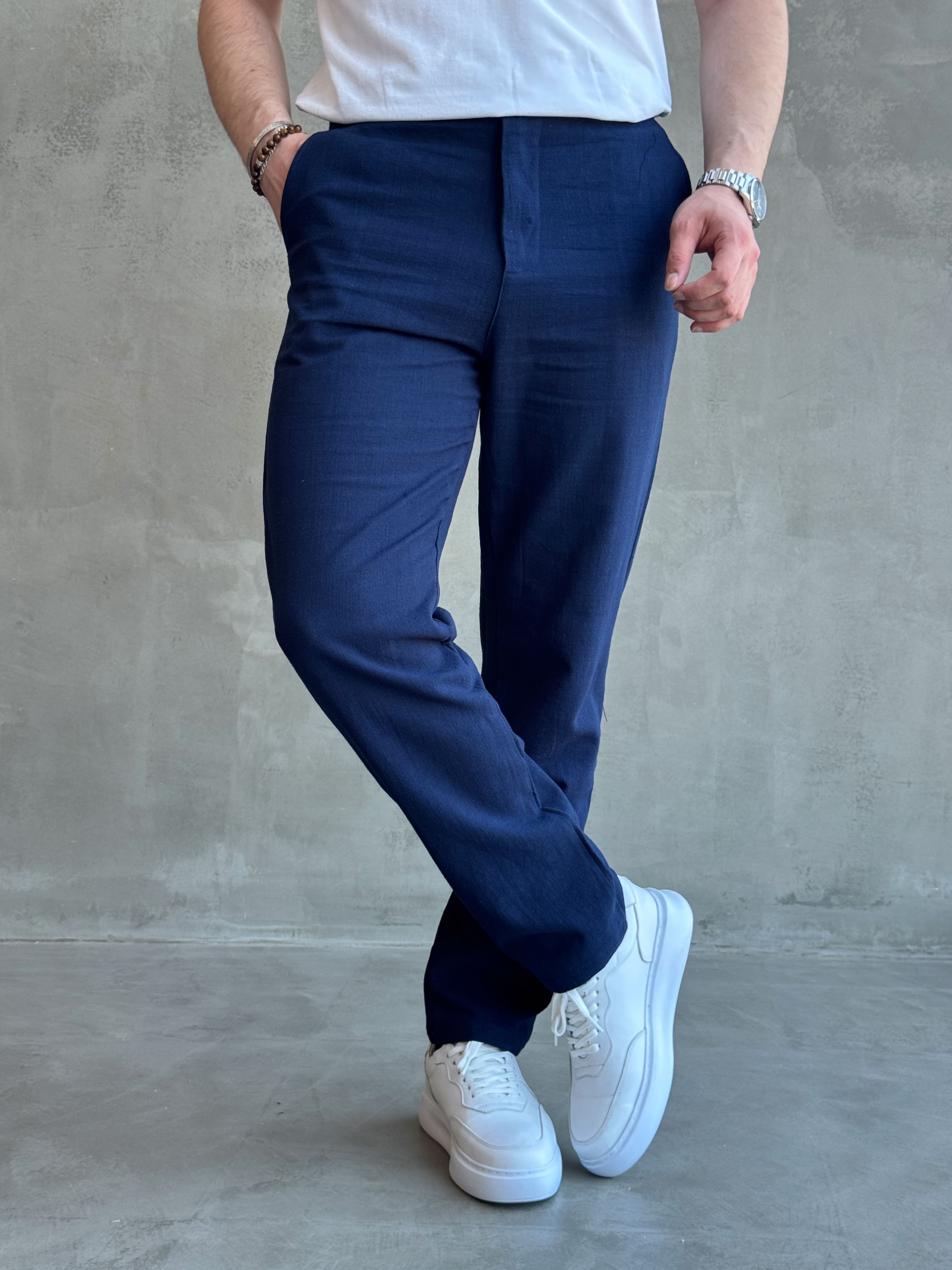 Erkek Trend Model Tercih Edilen Regular Kalıp Kopçalı Keten Kumaş Pantolon-Lacivert(E1742)Ketench