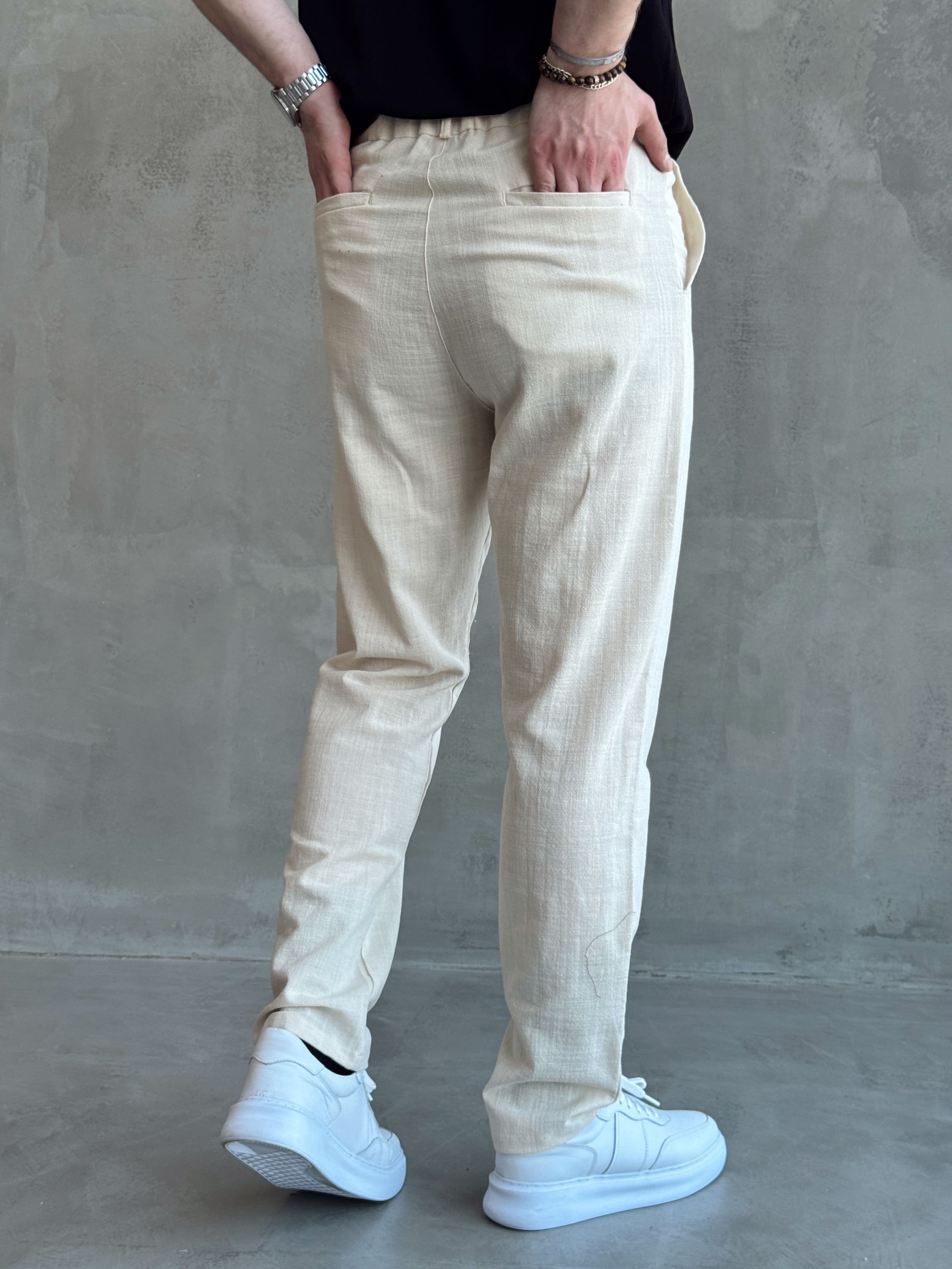Erkek Trend Model Tercih Edilen Regular Kalıp Kopçalı Keten Kumaş Pantolon-Krem(E1742)Ketench