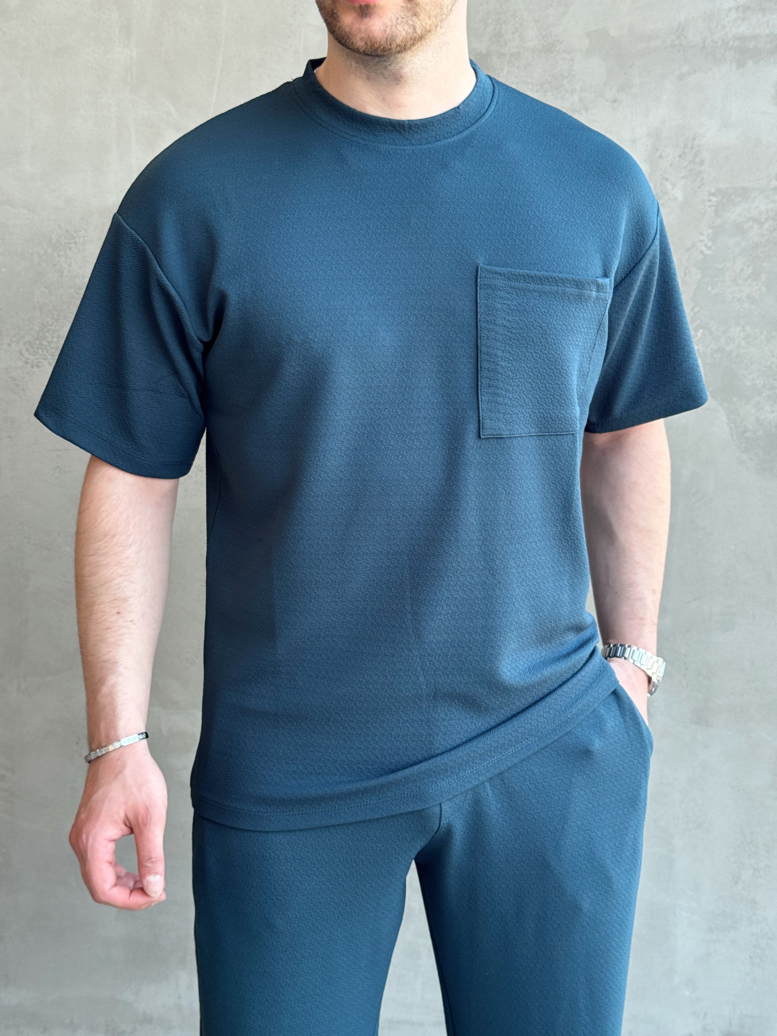Erkek Trend Oversize Kalıp Cep Detaylı T-Shirt-Petrol(E1760)Ketench
