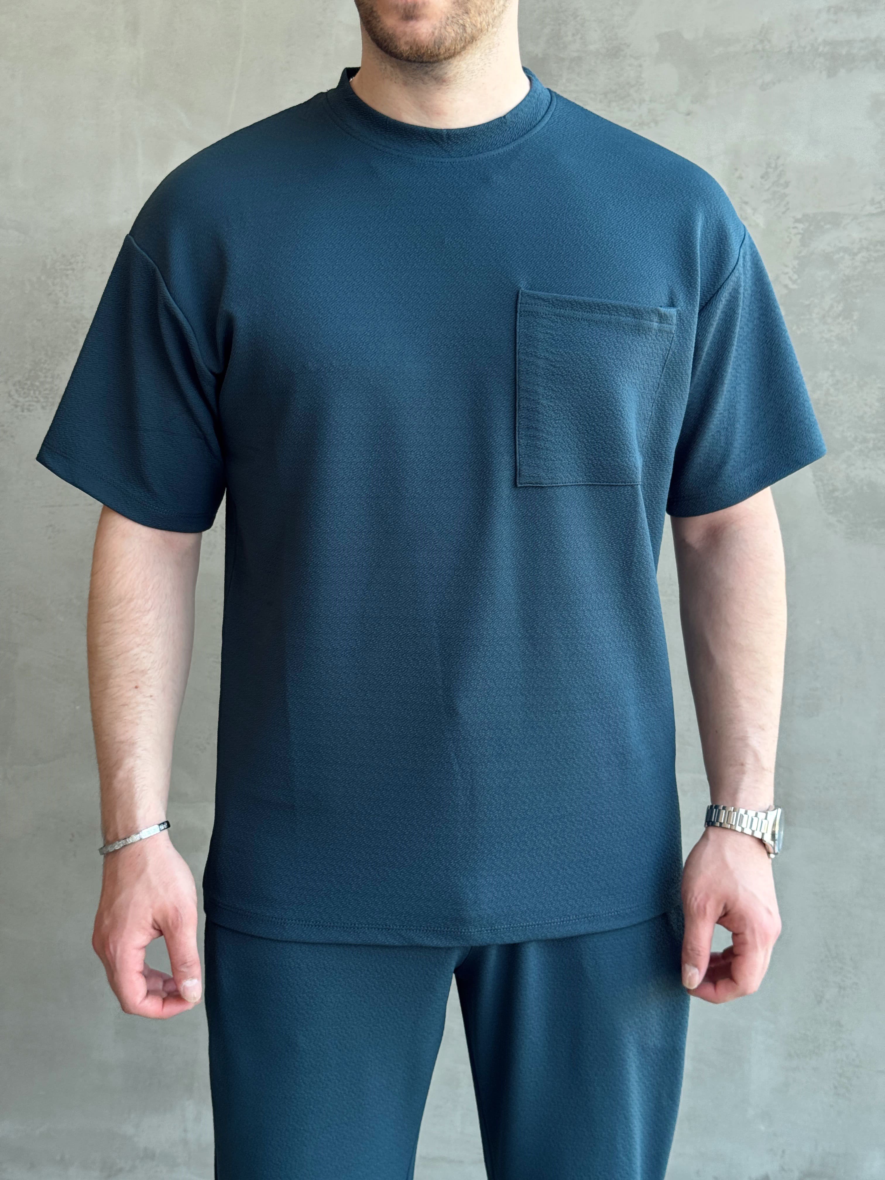 Erkek Trend Oversize Kalıp Cep Detaylı T-Shirt-Petrol(E1760)Ketench