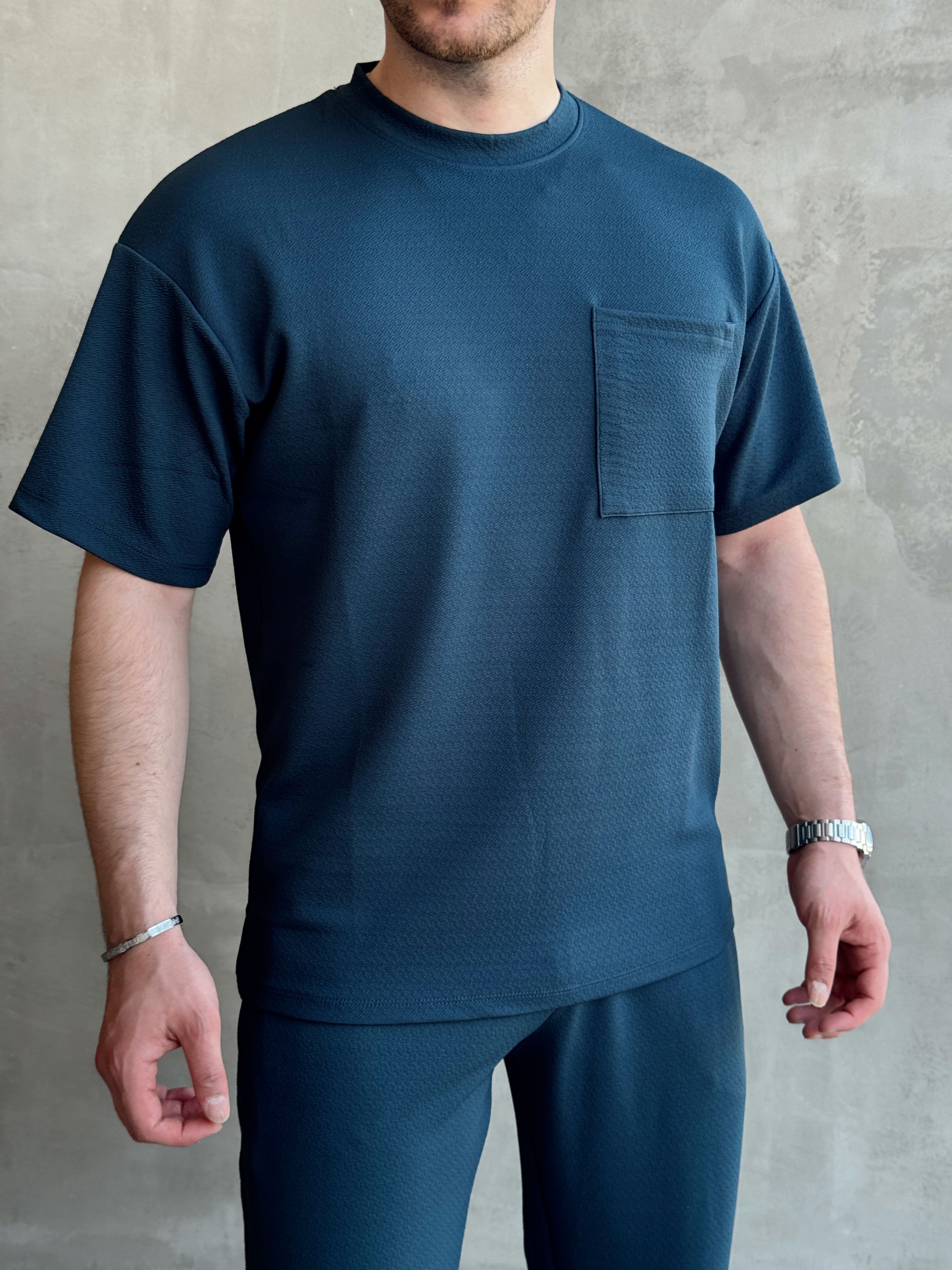 Erkek Trend Oversize Kalıp Cep Detaylı T-Shirt-Petrol(E1760)Ketench