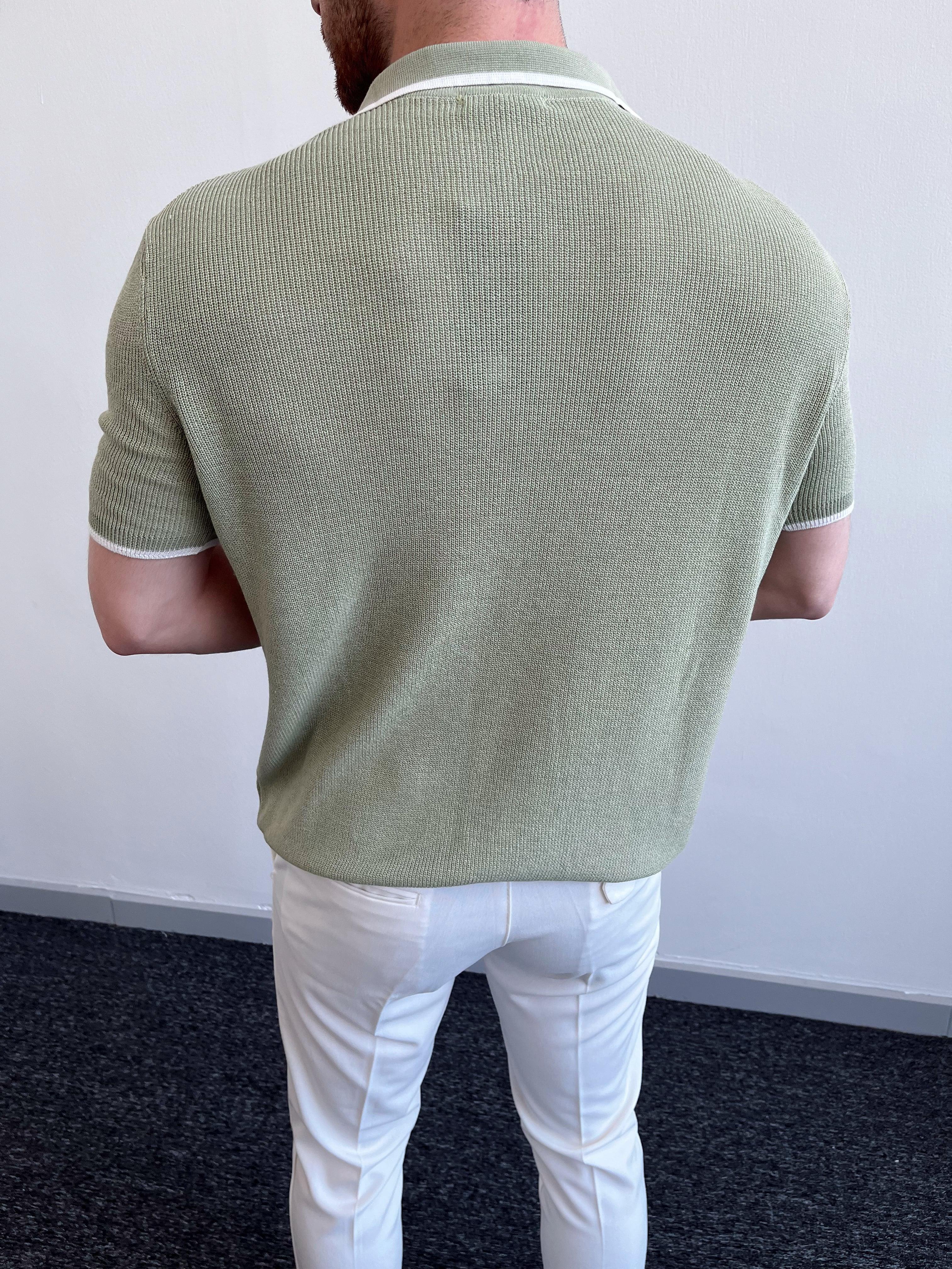 Erkek Yaka Çizgi Detaylı Polo Yaka Triko T-Shirt-Yeşil(E1074)Ketench