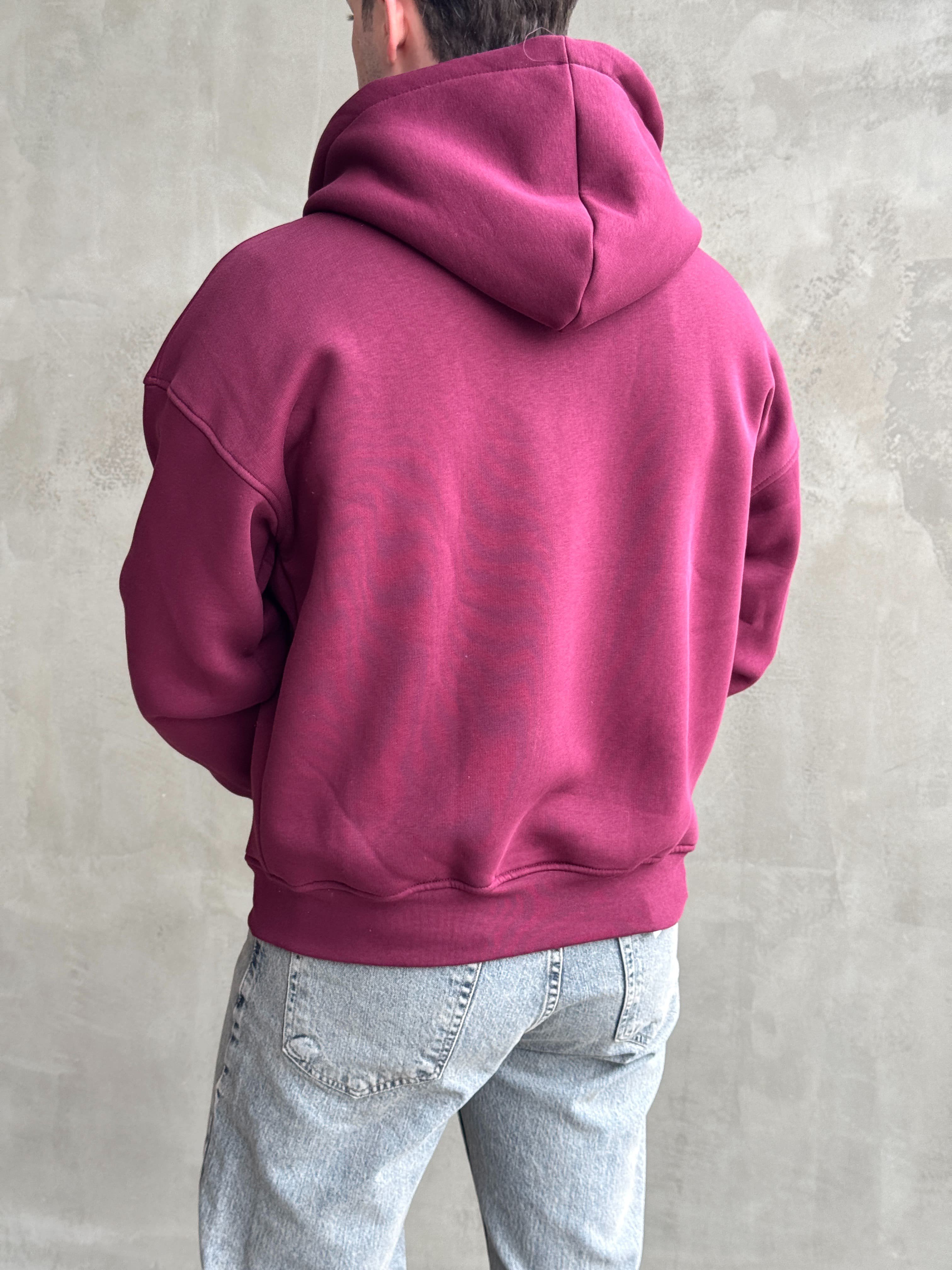 Erkek Yani Sezon Oversize Kalıp Kapüşonlu 3 İplik Zip Sweat-Bordo(E1805)Ketench