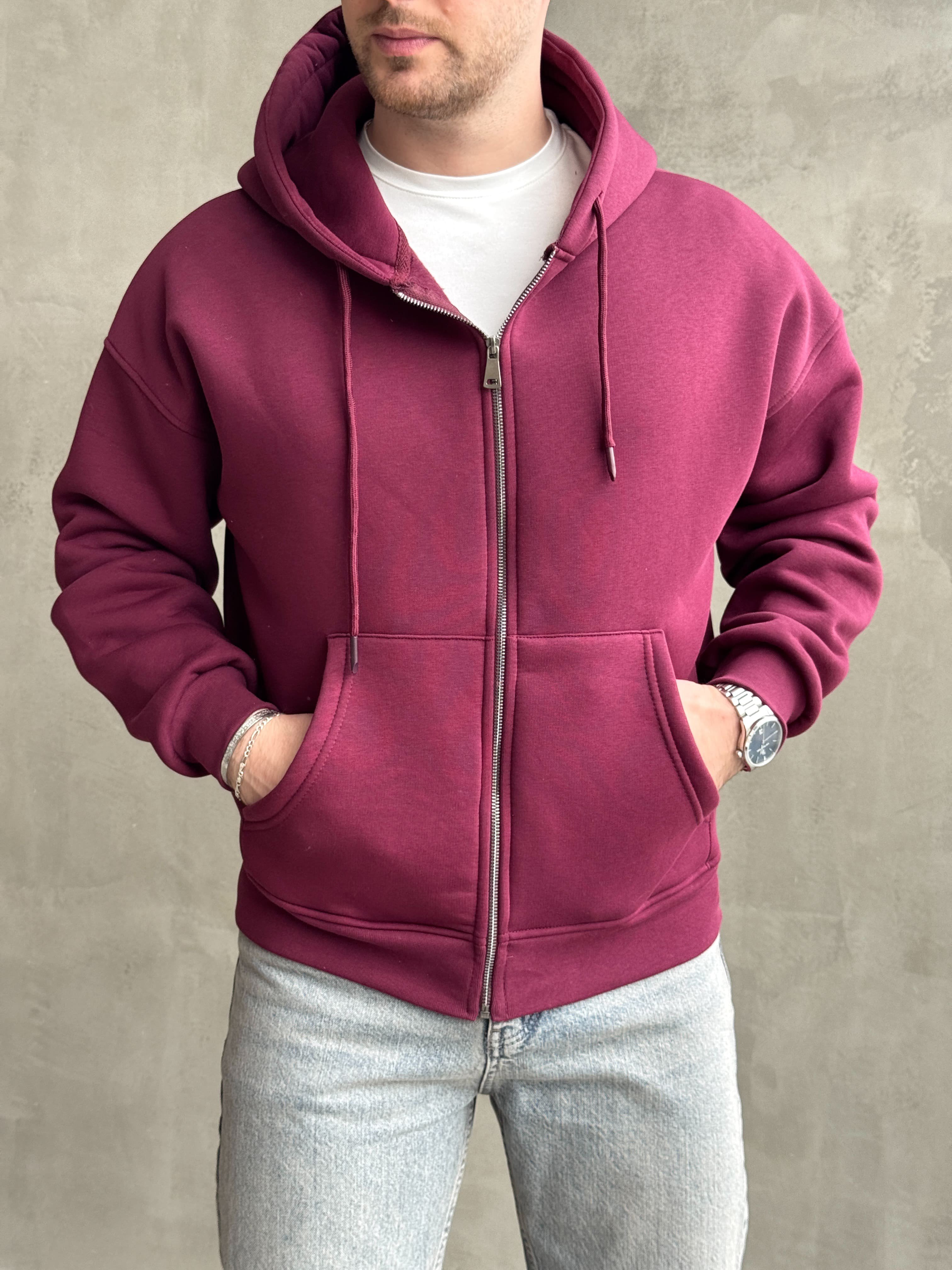 Erkek Yani Sezon Oversize Kalıp Kapüşonlu 3 İplik Zip Sweat-Bordo(E1805)Ketench