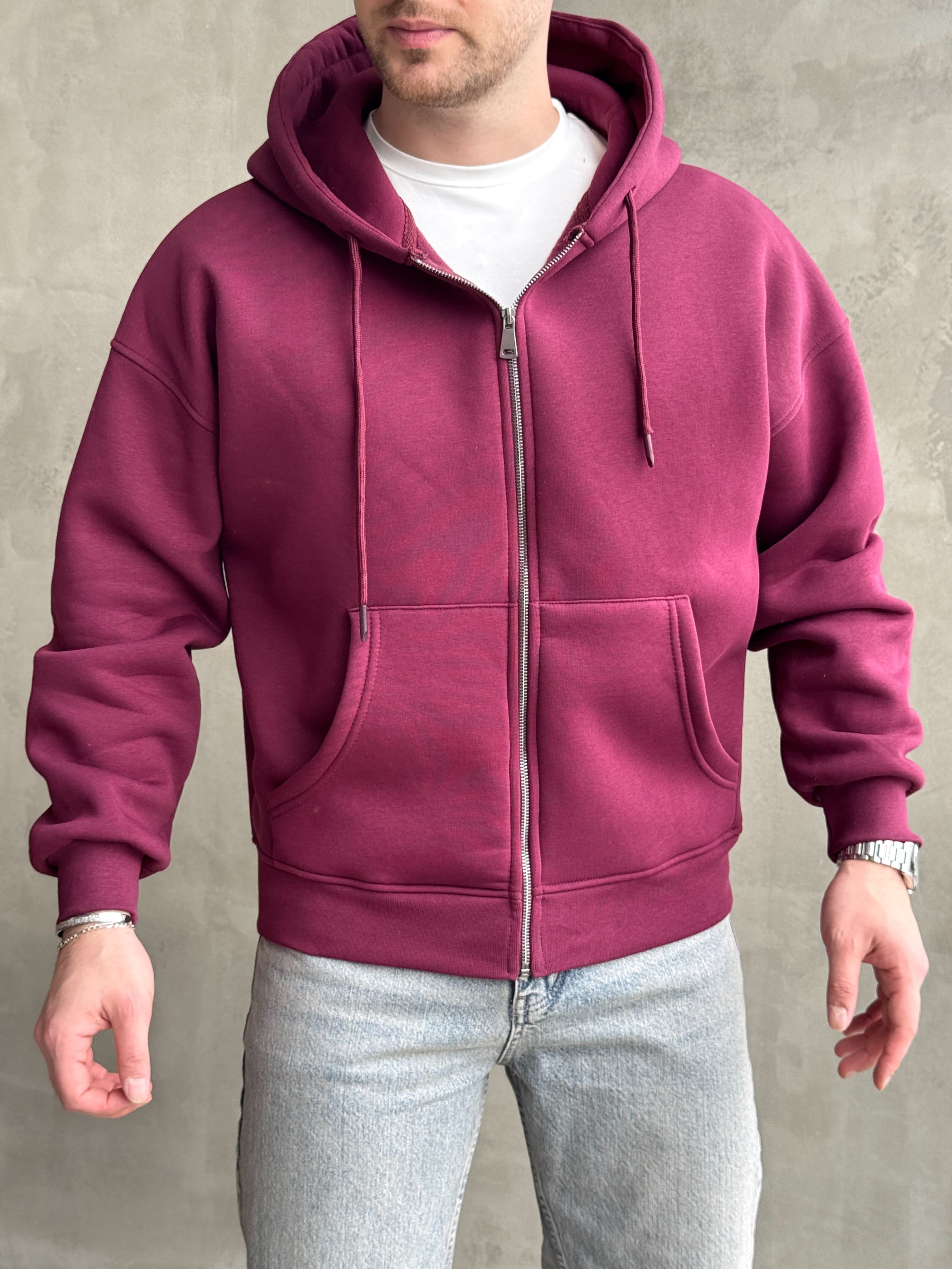 Erkek Yani Sezon Oversize Kalıp Kapüşonlu 3 İplik Zip Sweat-Bordo(E1805)Ketench