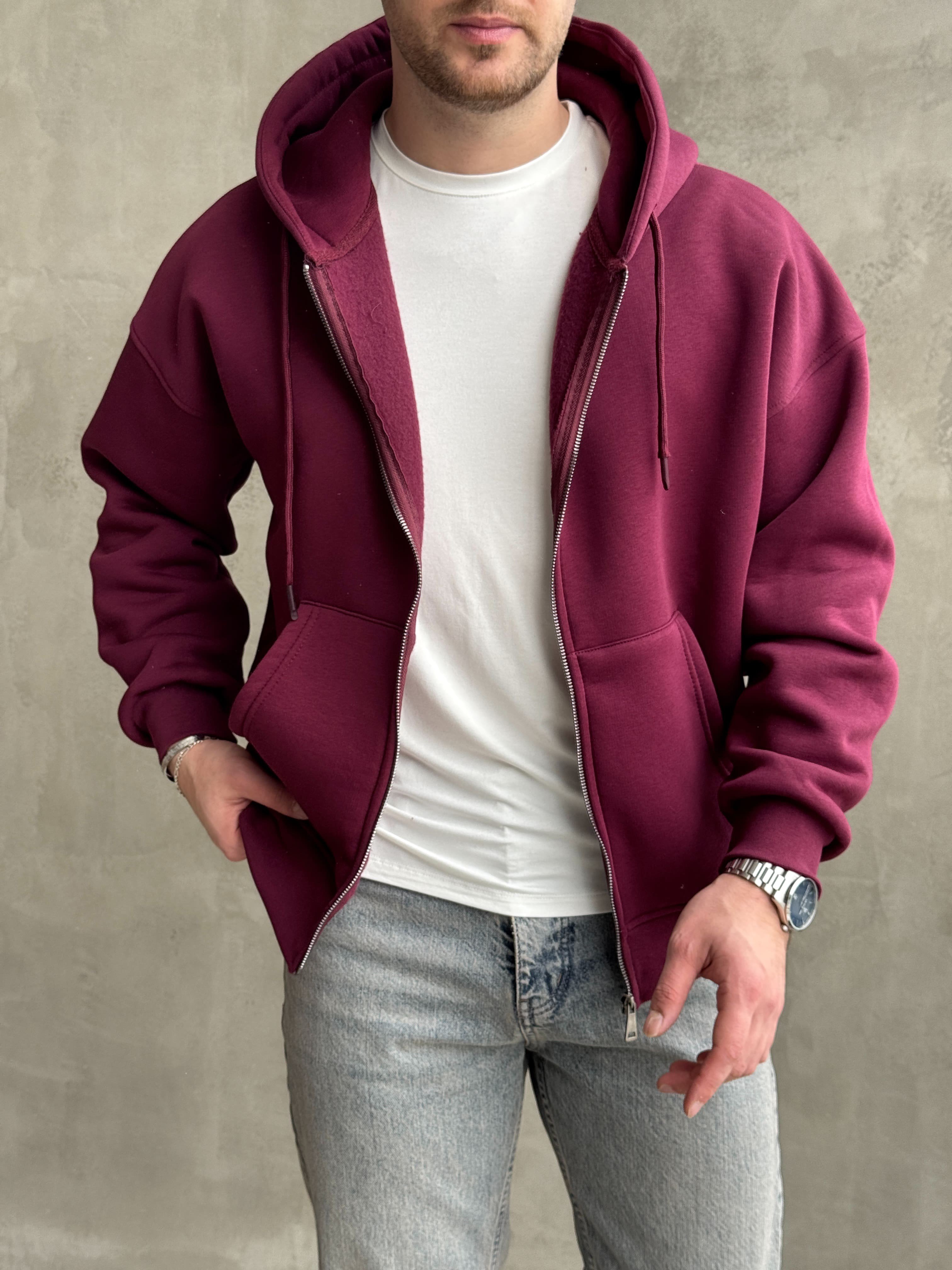 Erkek Yani Sezon Oversize Kalıp Kapüşonlu 3 İplik Zip Sweat-Bordo(E1805)Ketench