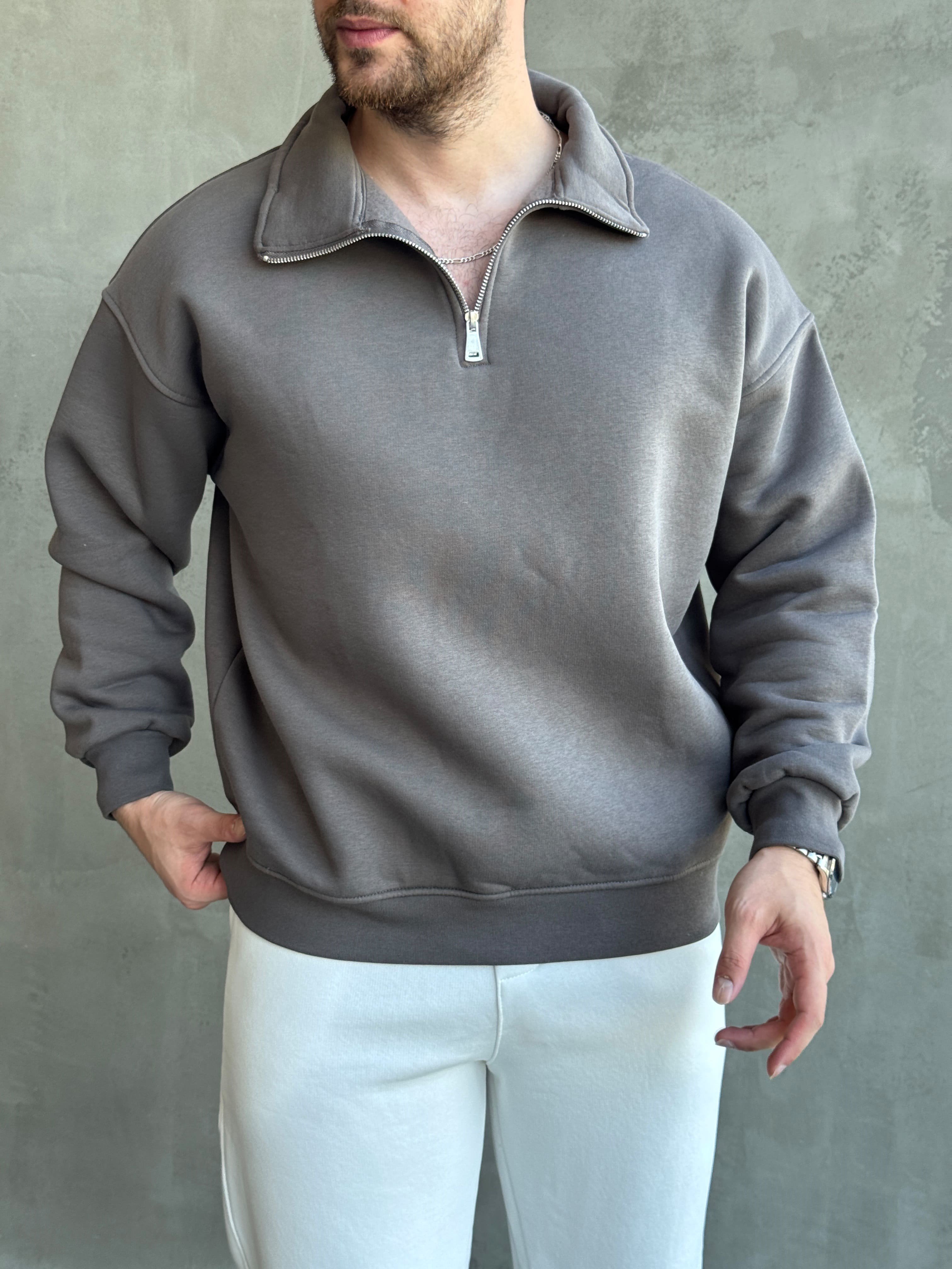Erkek Yani Sezon Oversize Kalıp Yarım Fermuarlı 3 İplik Basic Sweat-Antrasit(E1806)Ketench