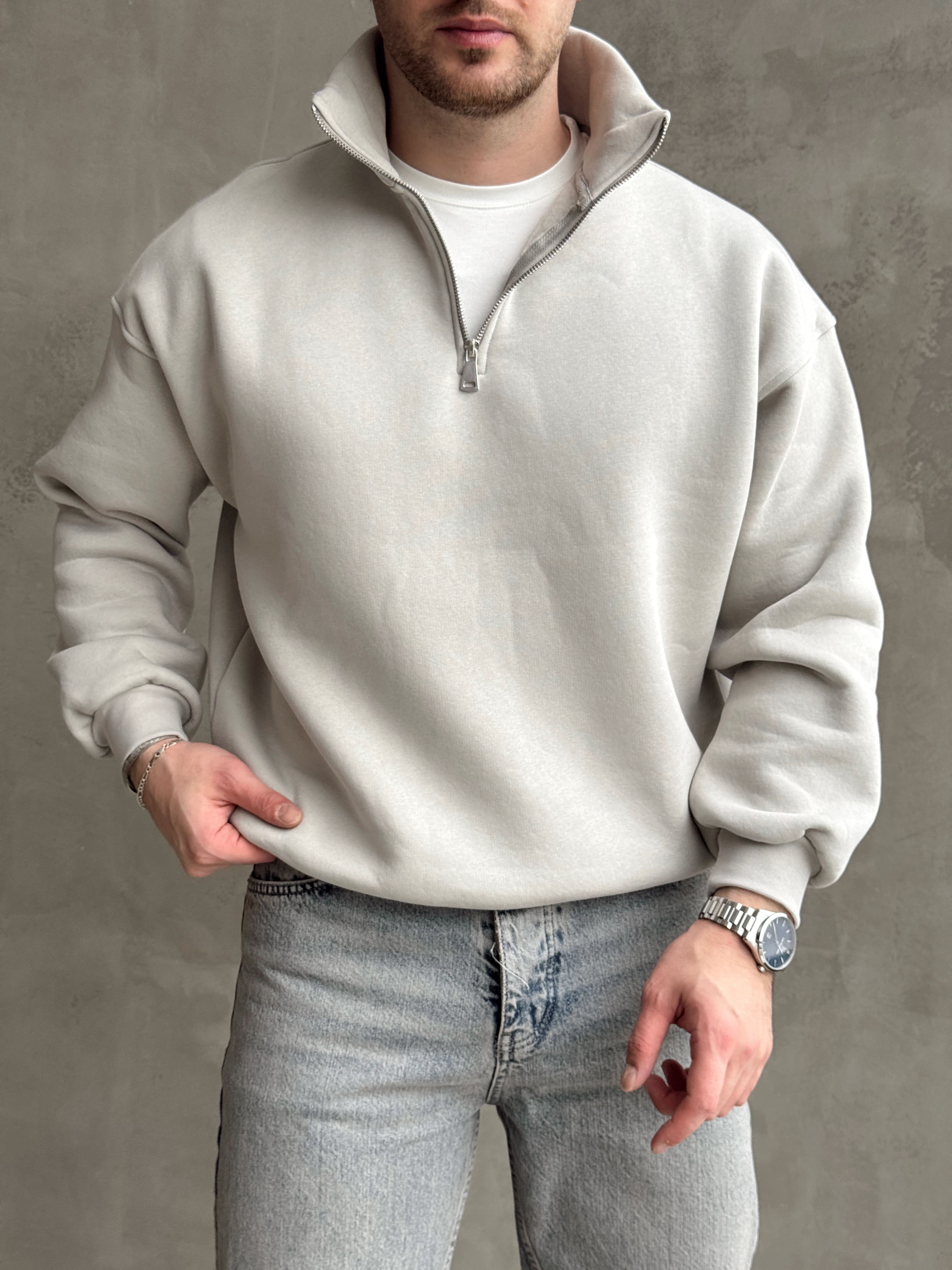 Erkek Yani Sezon Oversize Kalıp Yarım Fermuarlı 3 İplik Basic Sweat-Gri(E1806)Ketench
