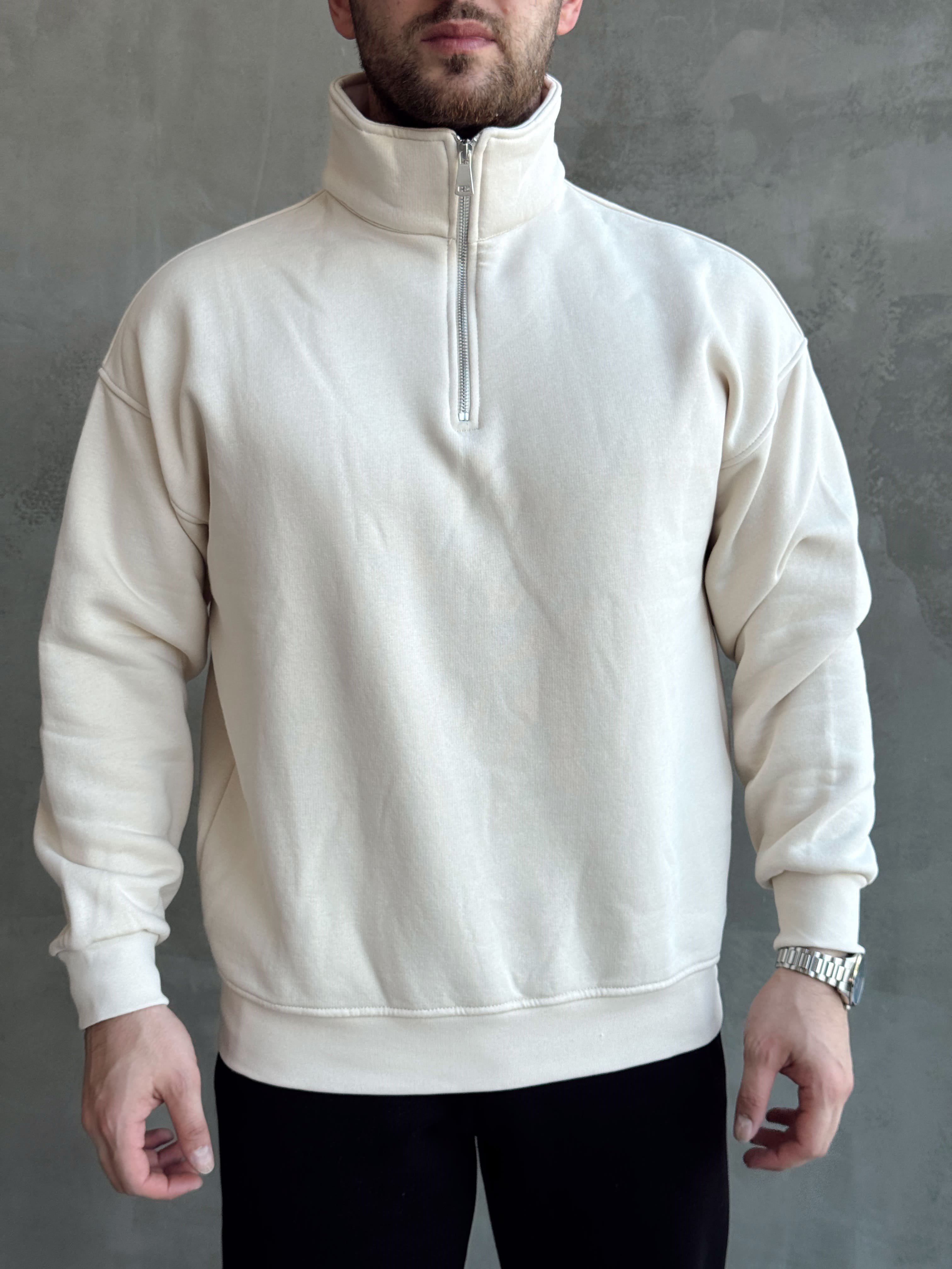 Erkek Yani Sezon Oversize Kalıp Yarım Fermuarlı 3 İplik Basic Sweat-Bej(E1806)Ketench