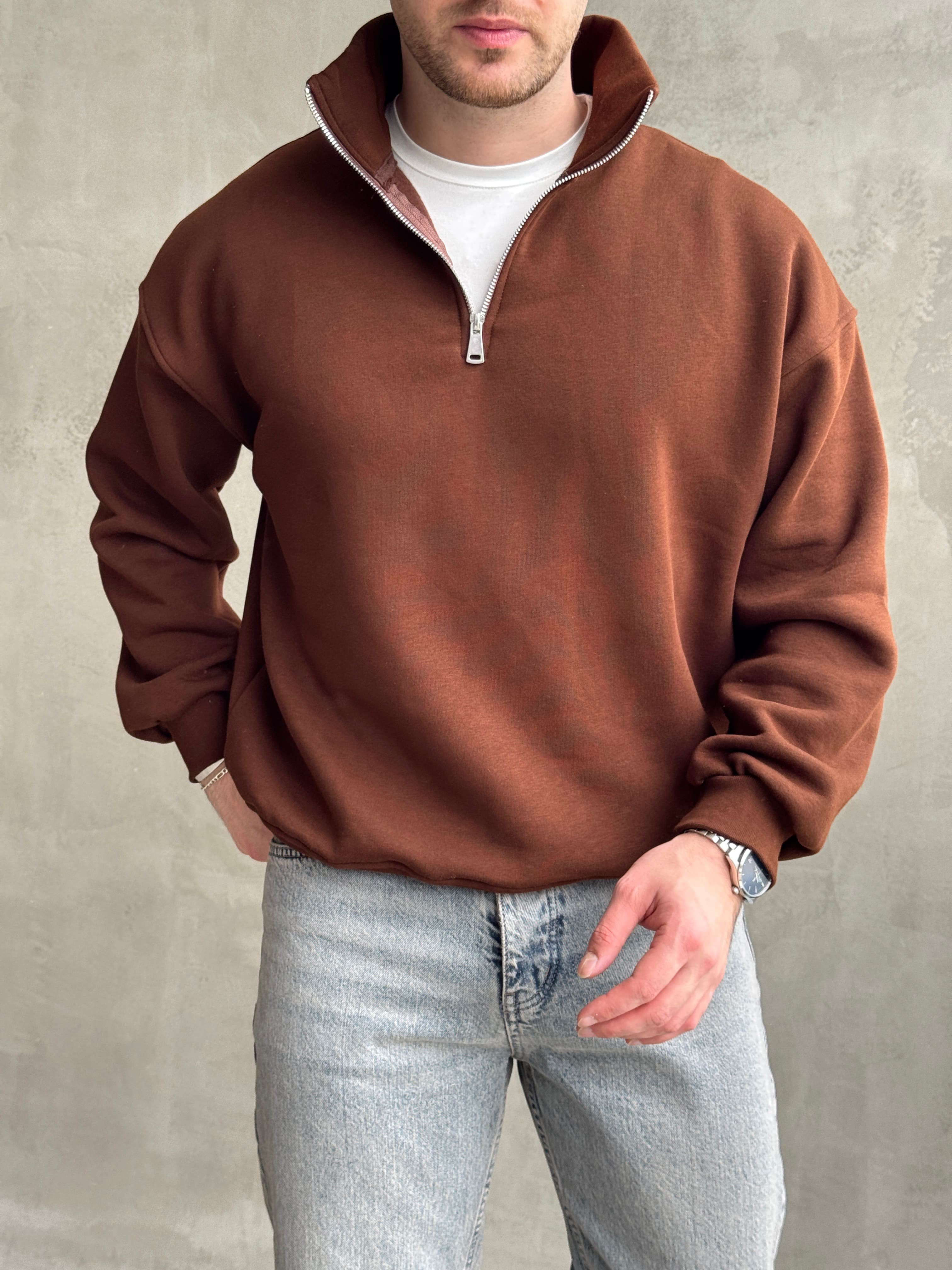 Erkek Yani Sezon Oversize Kalıp Yarım Fermuarlı 3 İplik Basic Sweat-Kahverengi(E1806)Ketench
