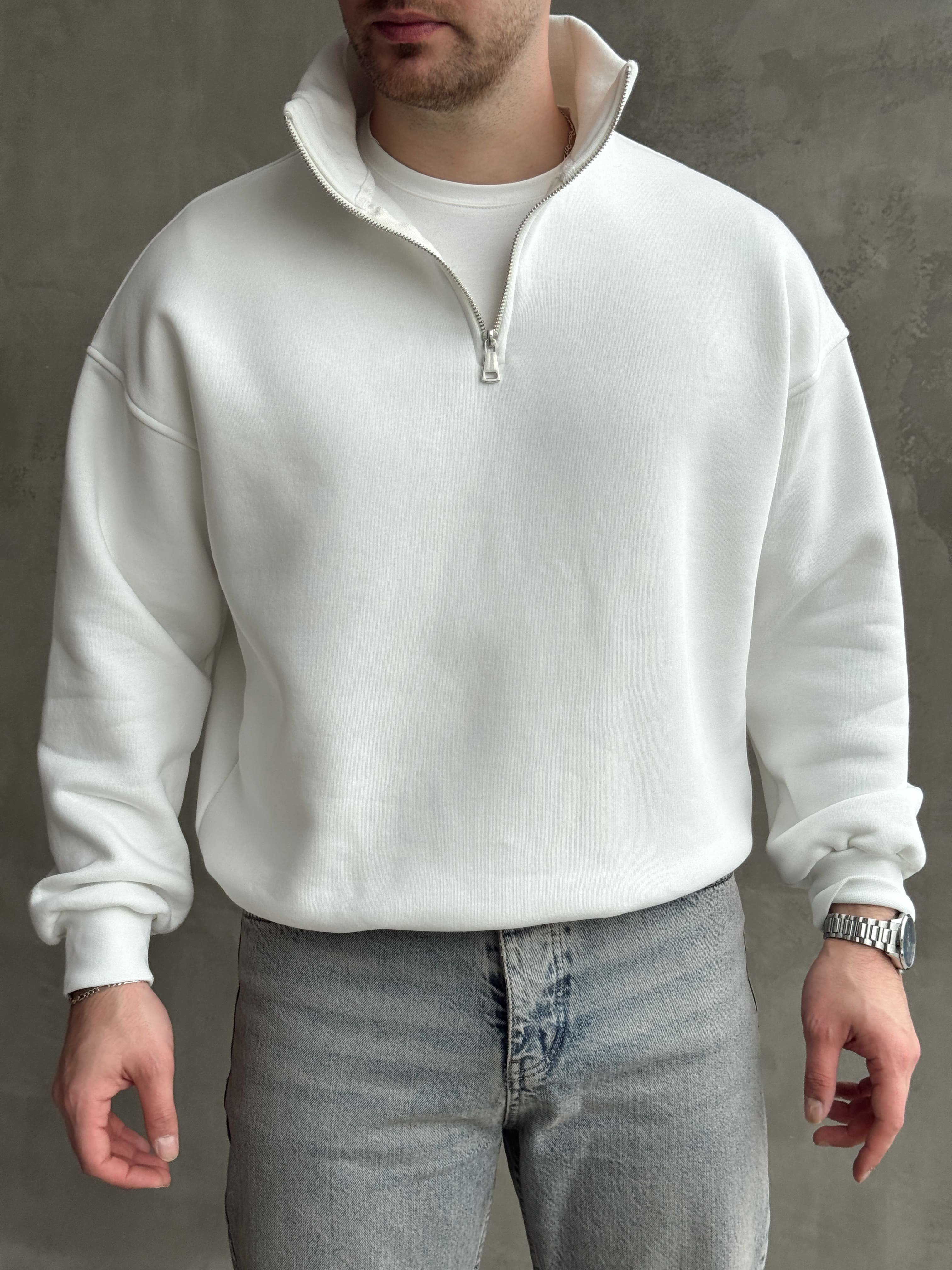 Erkek Yani Sezon Oversize Kalıp Yarım Fermuarlı 3 İplik Basic Sweat-Beyaz(E1806)Ketench