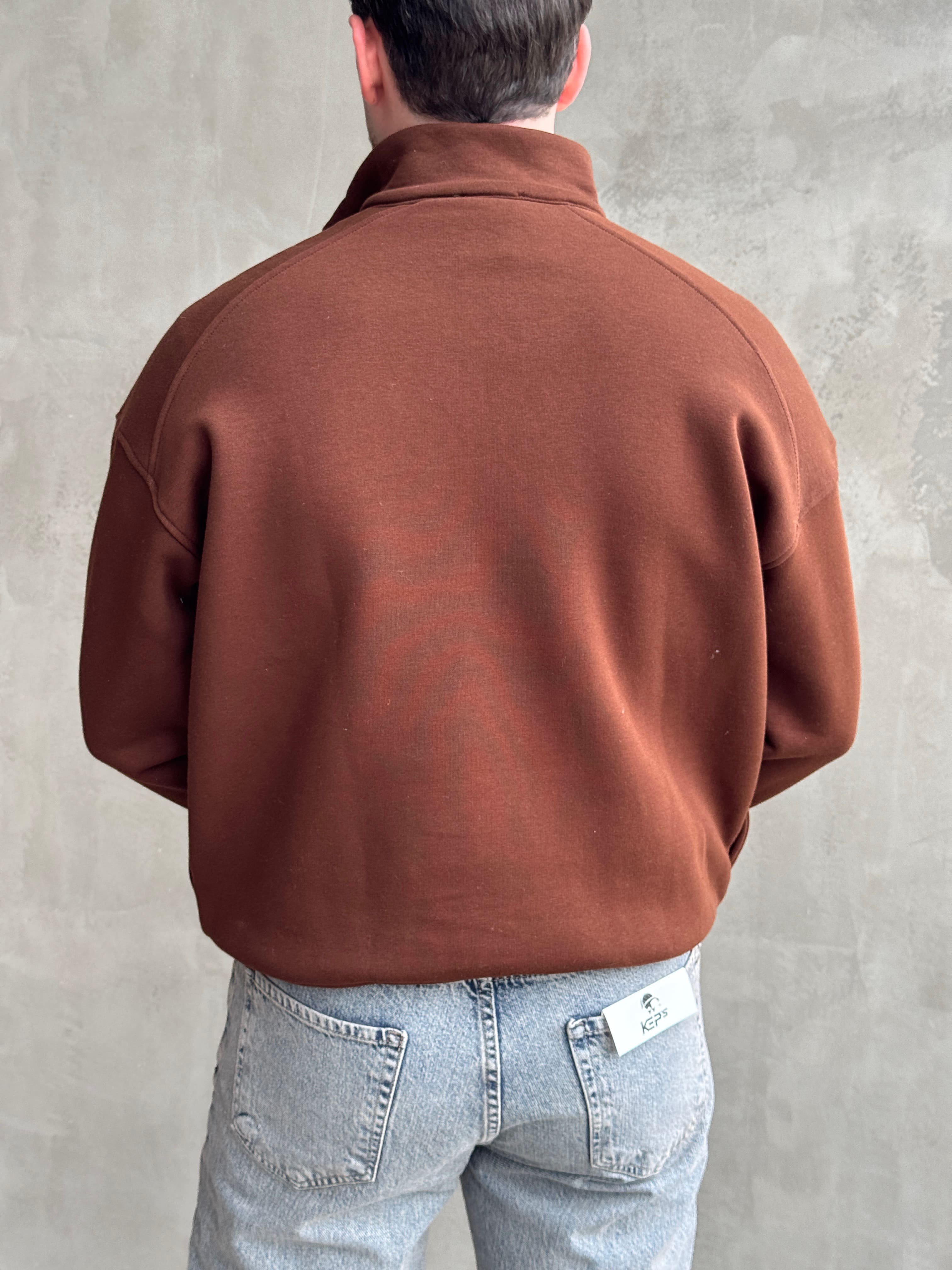Erkek Yani Sezon Oversize Kalıp Yarım Fermuarlı 3 İplik Basic Sweat-Kahverengi(E1806)Ketench